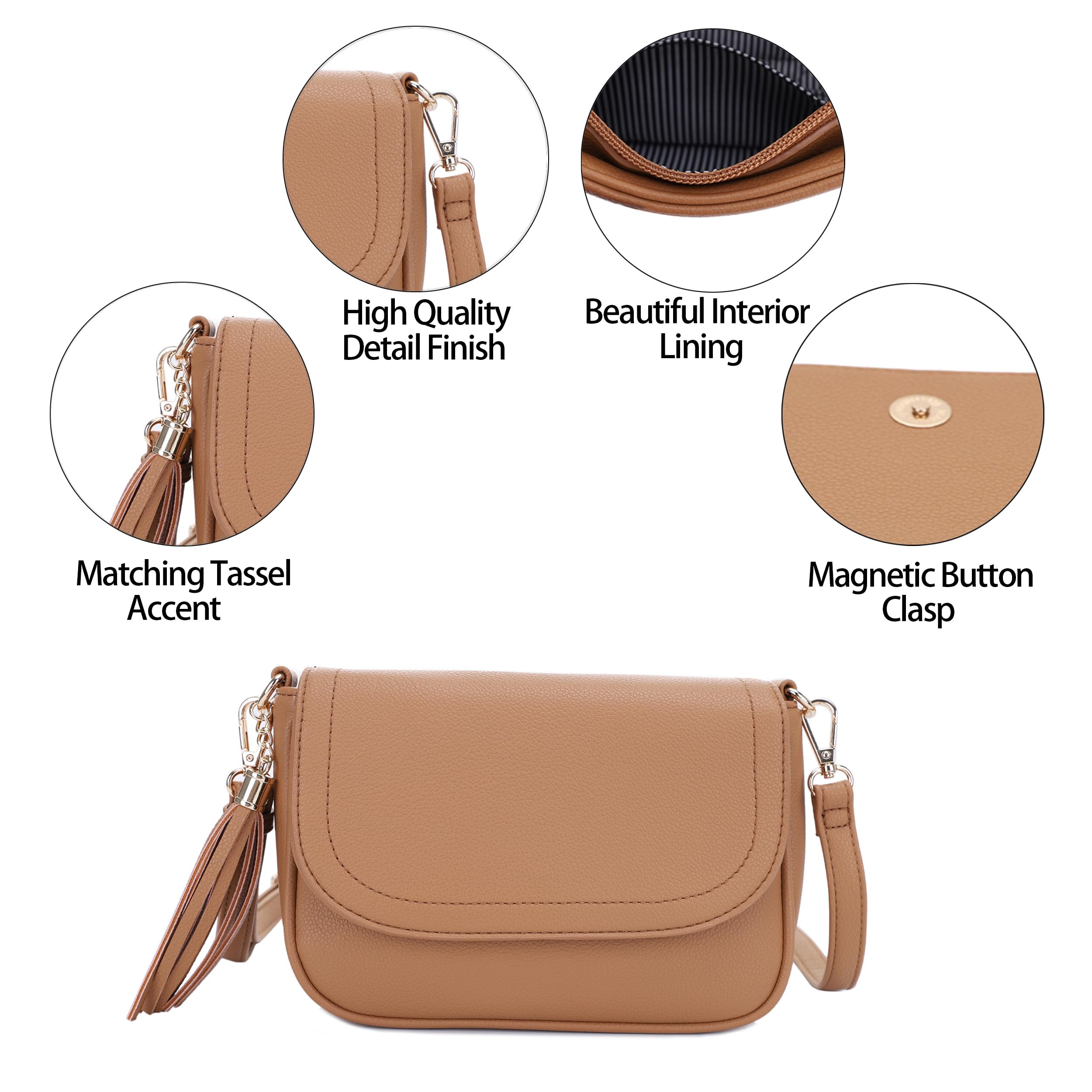 EVVE Bolso bandolera pequeño para mujer, con solapa, con borlas, de piel vegana, bolso de hombro