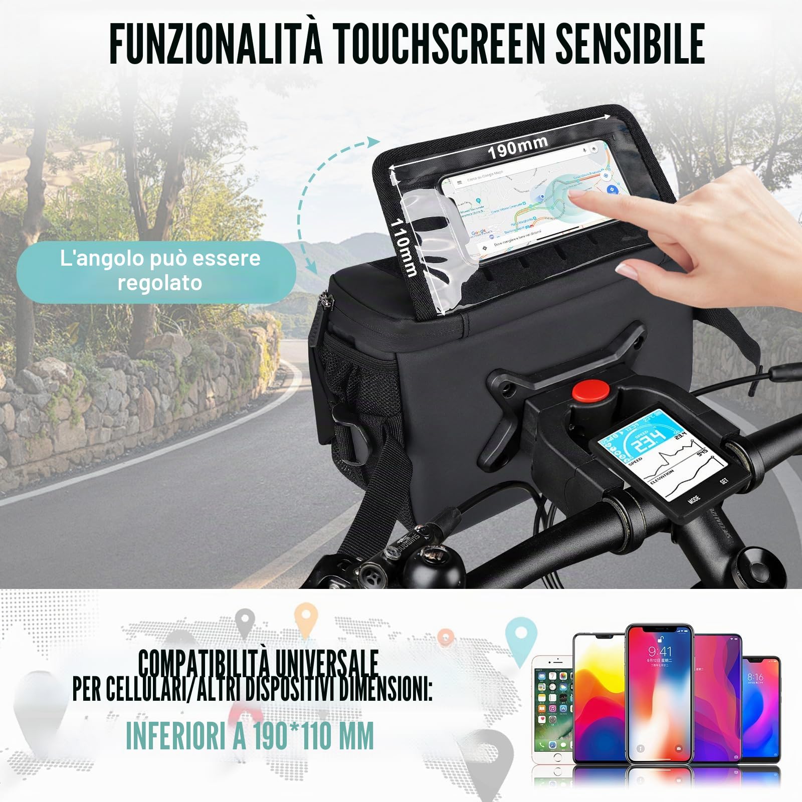 GXCROR Borsa per manubrio da bicicletta 4,7L con rilascio rapido | Supporto stabile per città e trekking | Impermeabile + scomparto per cellulare + portabottiglie