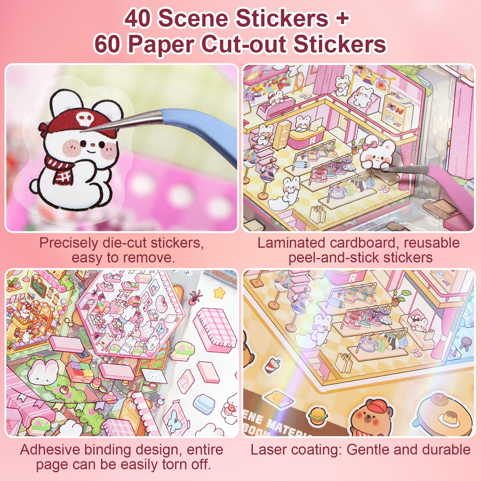 40 Adesivi di Scena Sticker Book, 60 Adesivi in PET, 3 Pinzette, Libro Adesivi di Scene Miniature Riutilizzabili, per Stress Sollievo Rilassamento & Divertimento