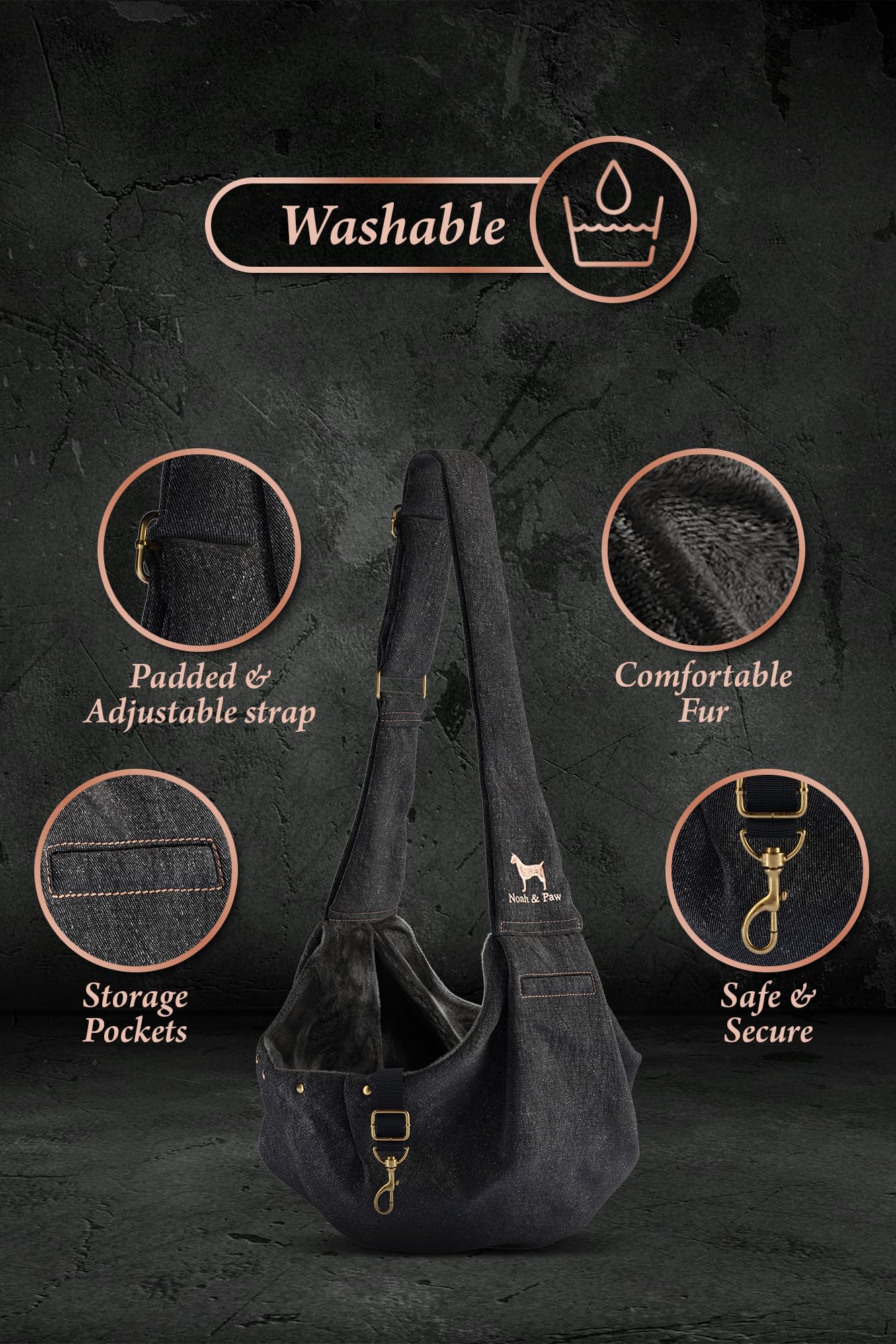 Noah & Paw Bandolera transportin Perro 1,5-5 kg, transportin Gato pequeño, Bolsa Transporte Ajustable para Mascotas, Doble función de Seguridad, Fabricado en Denim Premium.