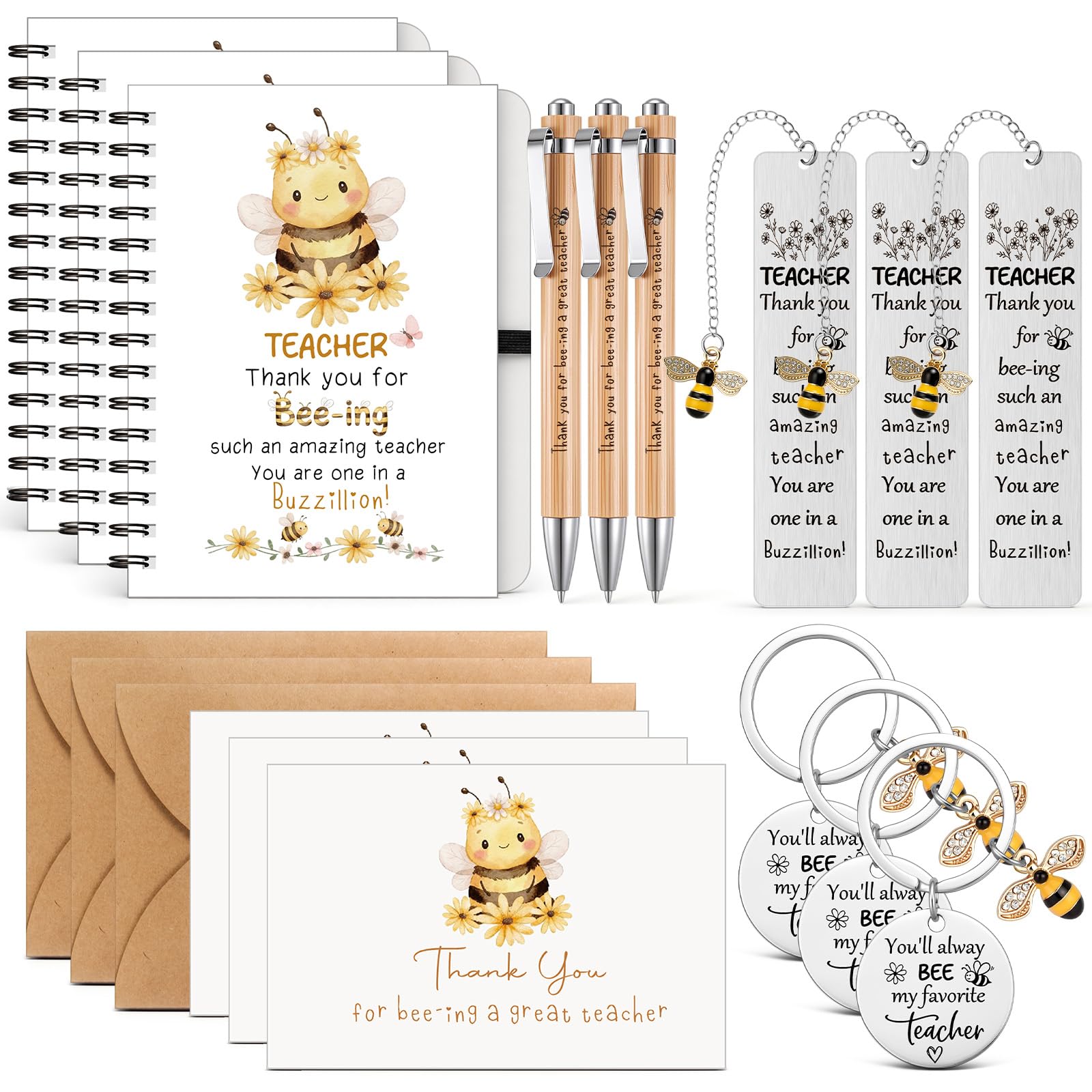 BBTO 3 Sets Teachers Appreciation Gift Set Includes Bee Notebooks Beeing Keychains Bookmarks Ballpoint Pens Thank You Cards with Envelopes for Female Teachers Thank You