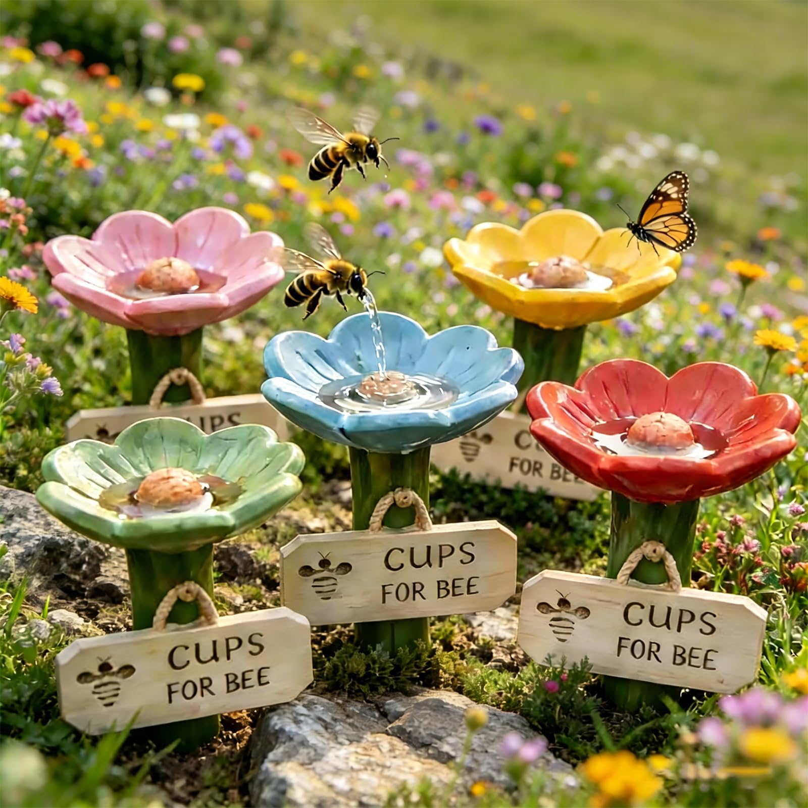 Ceramic Flower Cups Bee Watering Station 5-Pack