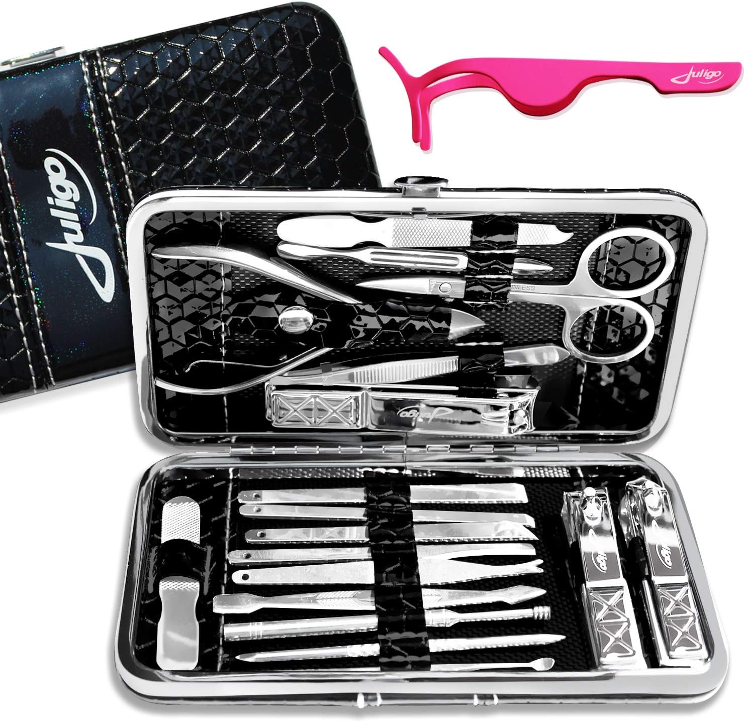 Personal Stainless Grooming Kit for Manicure, Pedicure, Nail and Facial Care Including Bonus Eyelash Applicator Tool