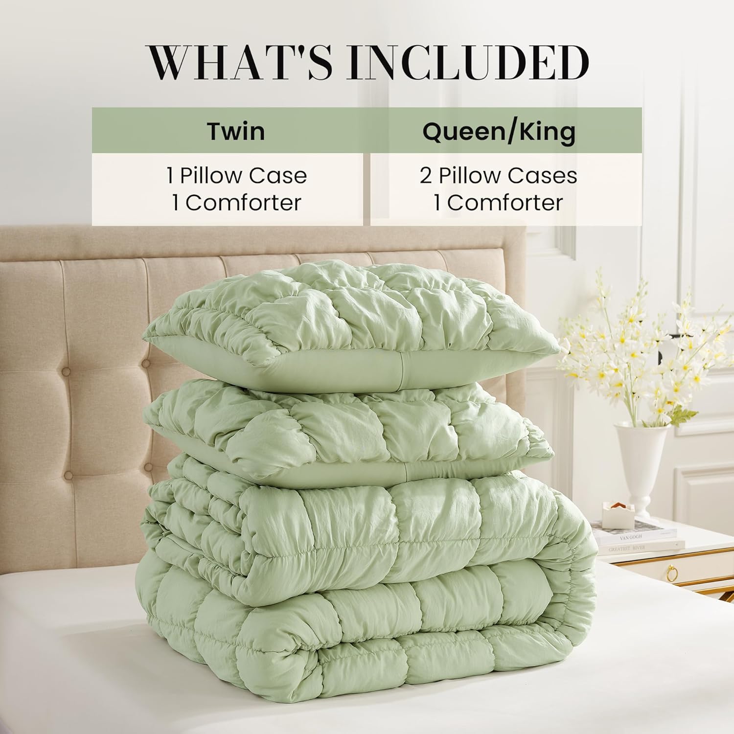Amélie Home Queen Comforter Set, 3 Pieces Sage Green Bubble Bedding Set for All Season, Ultra Soft Cozy Comforter, Farmhouse Luxury Gift for Women Home Decor - Image 6