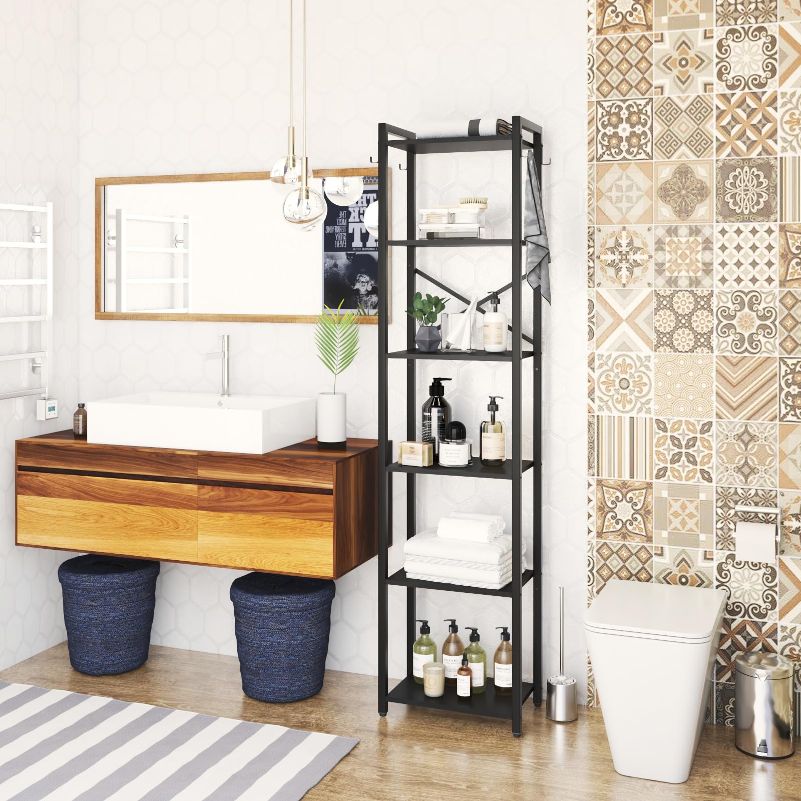 YMYNY Scaffale a 6 livelli, Libreria, Mensola a gradini, Alto 182 cm, Telaio in Metallo, Stile Industriale, per Soggiorno, Studio, Ufficio, Cucina, Nero HBC001B