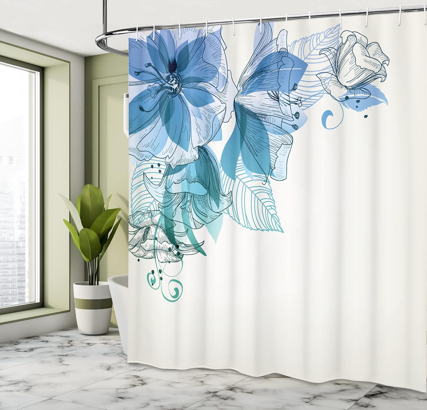 Ambesonne Flowers Shower Curtain, Buds Leaf at The top Left Corner Season Celebrating Theme Illustration, Cloth Fabric Bathroom Decor Set with Hooks, 69" W x 70" L, Blue White