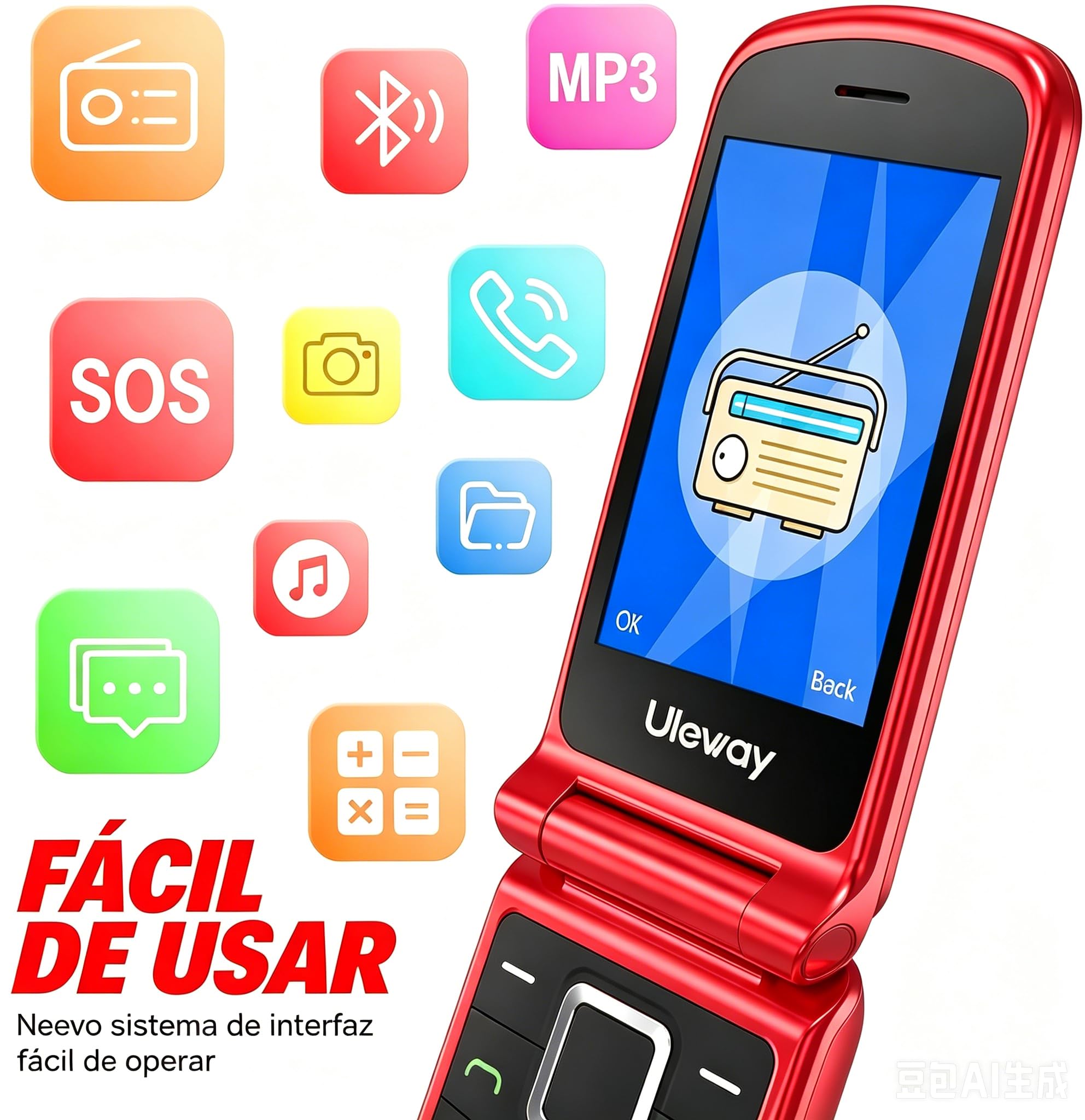 CHAKEYAKE Teléfono para Mayores con Teclas Grandes, Teléfono Móvil con Doble Pantalla 2,4'' + 1,77'', Volumen Alto, Botón SOS, Base de Carga, Cámara, Marcación Rápida, Libre, Rojo