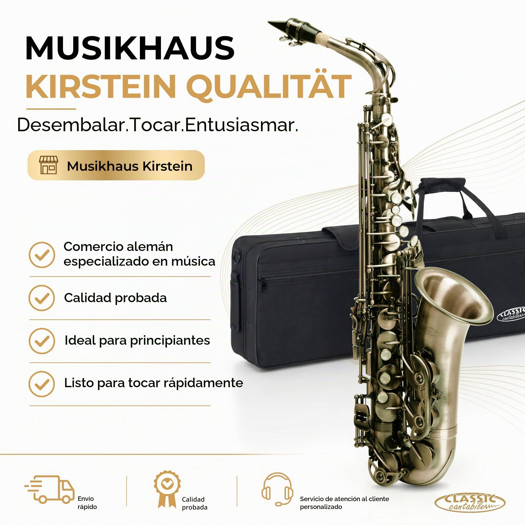 Classic Cantabile Winds AS-450 Antique Yellow Saxofón Alto, Peso: 2 | Saxofón alto de latón, Acabado vintage Antique Yellow, Llave de fa agudo, Sonido lleno y cálido, Respuesta rápida, 4 kg