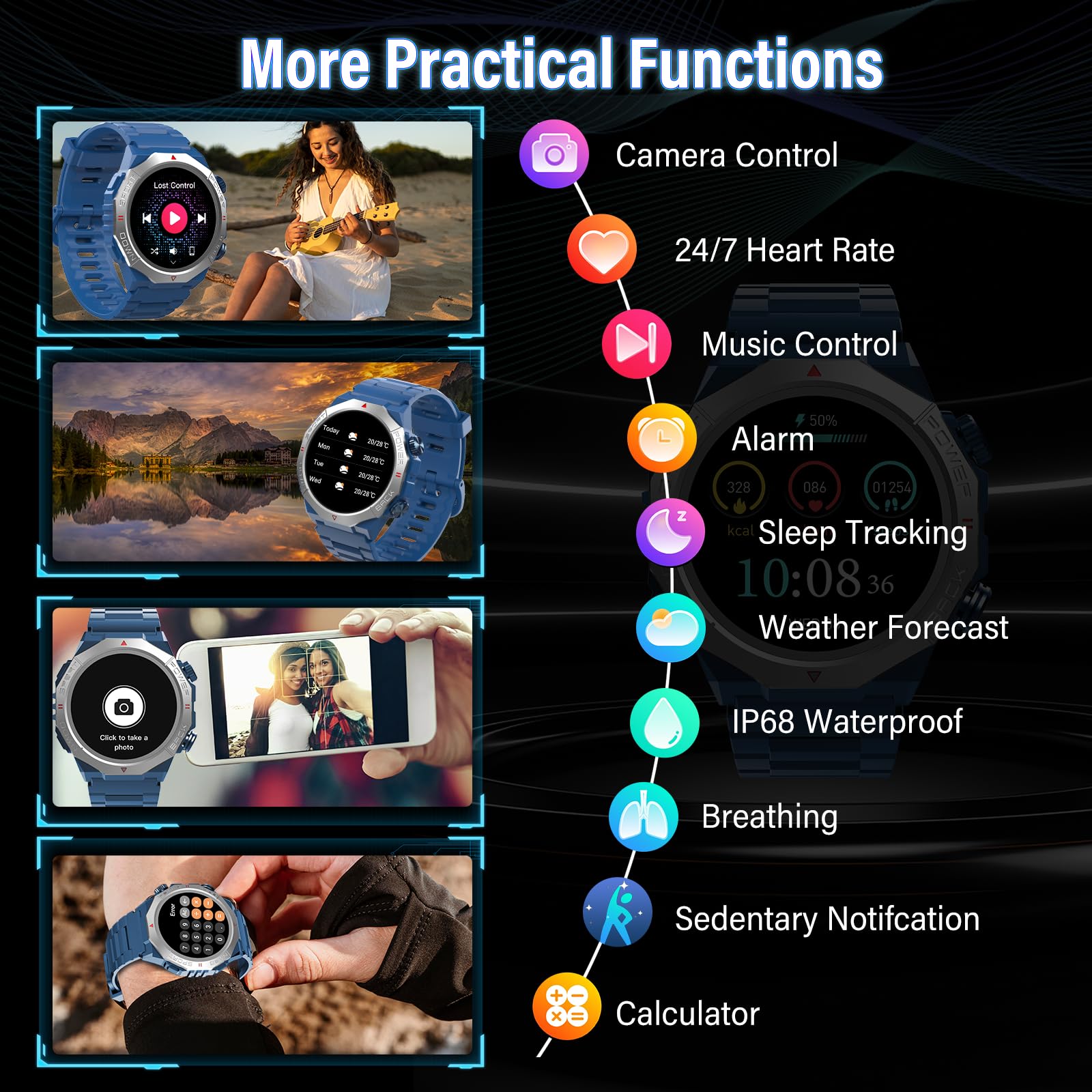 Qecnato Smartwatch Uomo Militare, 1.39" HD Orologio Smart watch con Chiamate Bluetooth, Tracker Attività con Sonno/Cardiofrequenzimetro, 110+ Modalità Sportive, IP68 Impermeabile per Android iOS, Blu