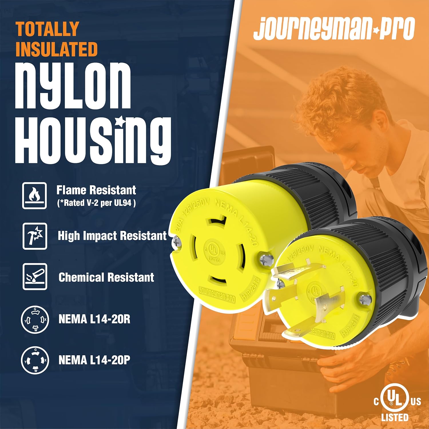 Journeyman-Pro 20 Amp, Plug & Connector Set, NEMA L14-20R & L14-20P, 125/250V, Locking Plug Socket, Black Industrial Grade, Grounding 5000 Watts Generators (L14-20PR Plug Set)