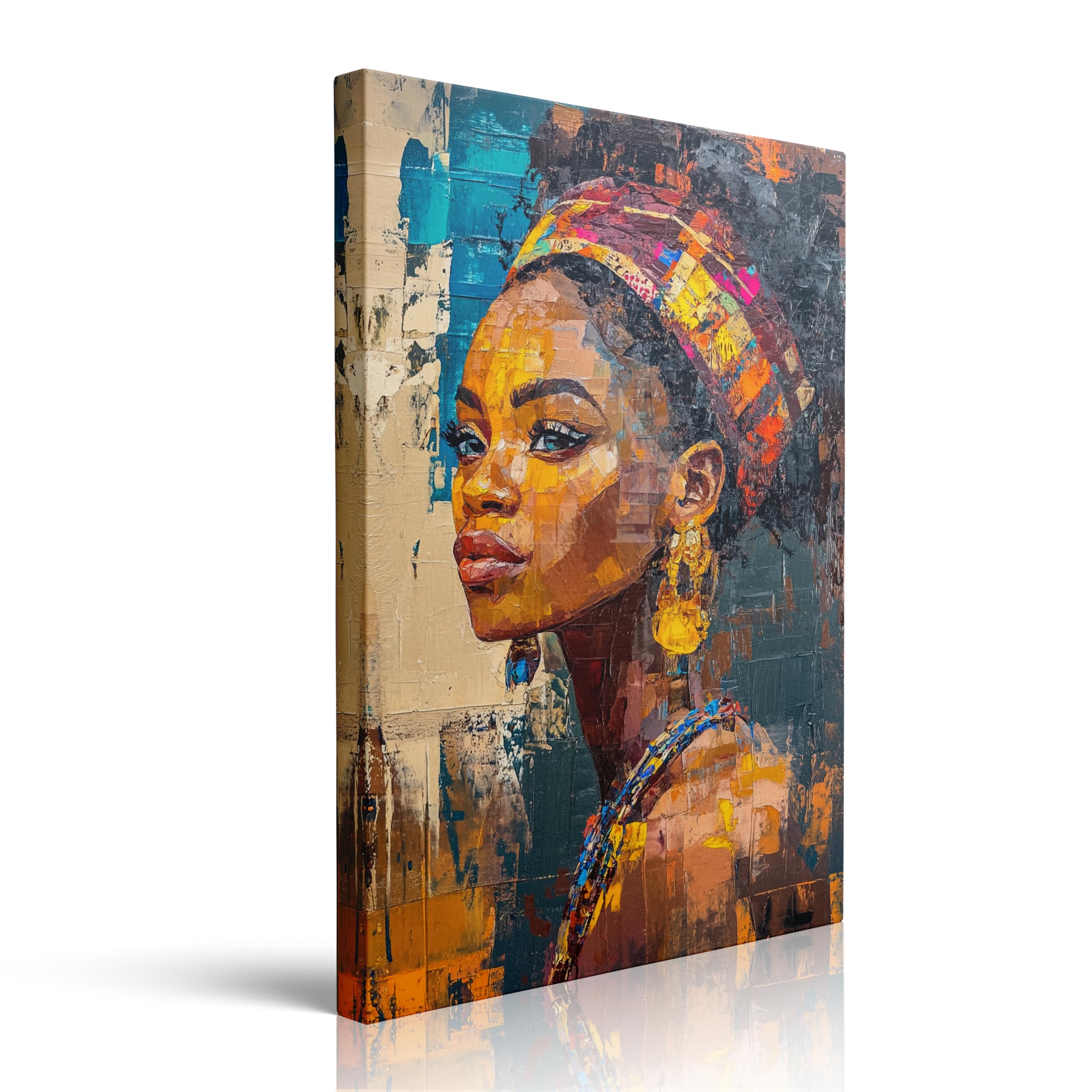 Abstract Framed Colorful African American Black Women Girl Portrait Canvas Wall Art, 16'x24'