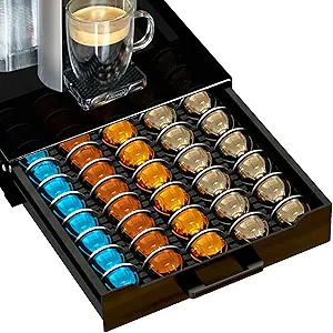 Coffee Pod Holder Drawer Organizer with Deluxe Black Tempered Glass Top, Compatible for Nespresso Vertuo Pods, Holds up to 75 Small or 50 Big Vertuo Pods Compact Design (Piano Black)