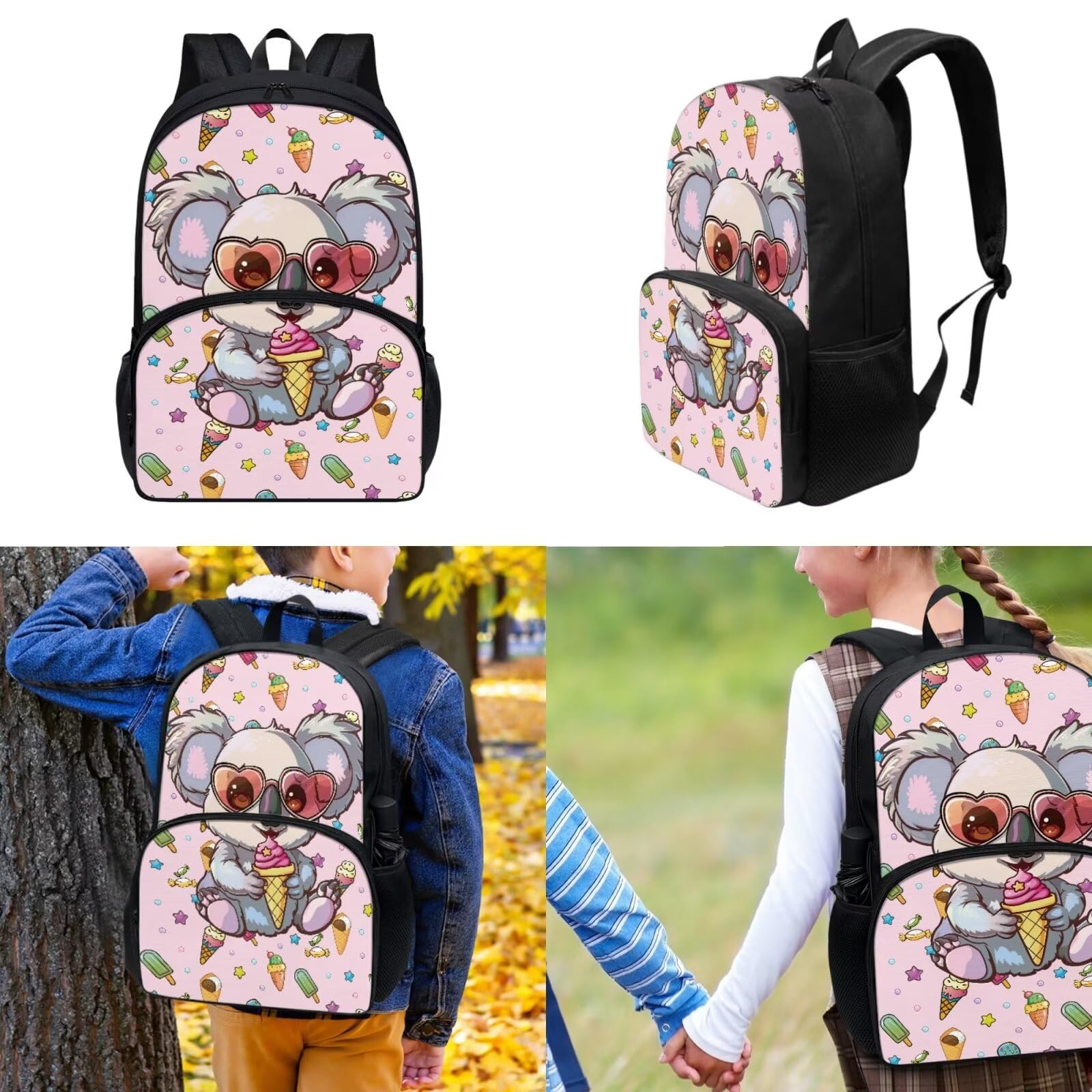 Pointodoor Ice Cream Koala Kids Backpack and Lunch Box Set Girls 9-10 with Pencil Case Cute Bookbag Casual Lightweight Elementary Kindergarten Preschool School Bag Students Satchel Daypack Rucksack