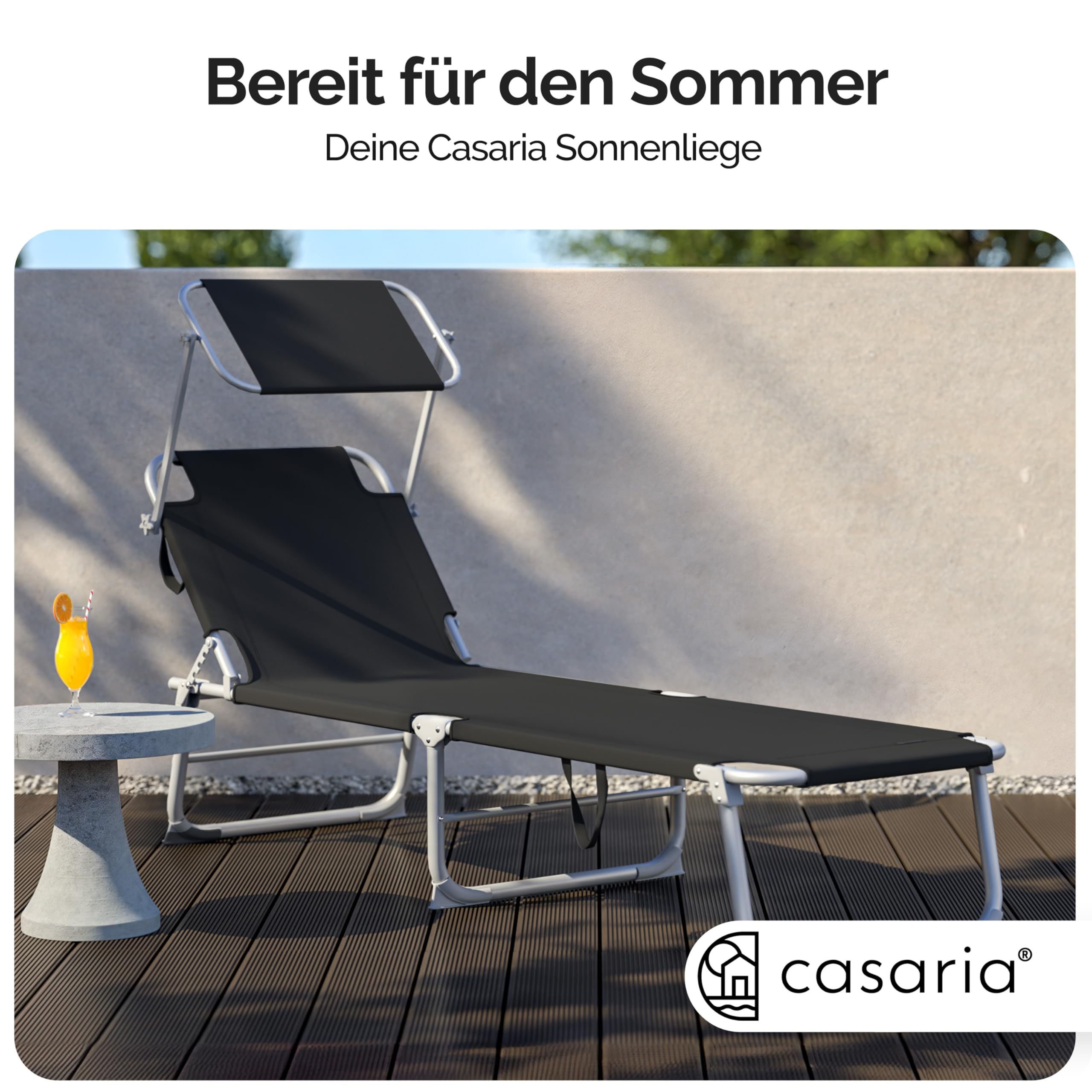 Casaria Sonnenliege klappbar mit Sonnendach wetterfest Grau | Aluminium, 190x60 cm, 130 kg Belastbar, tragbar, Garten, Pool, belastbar, Liegestuhl, Klappliege