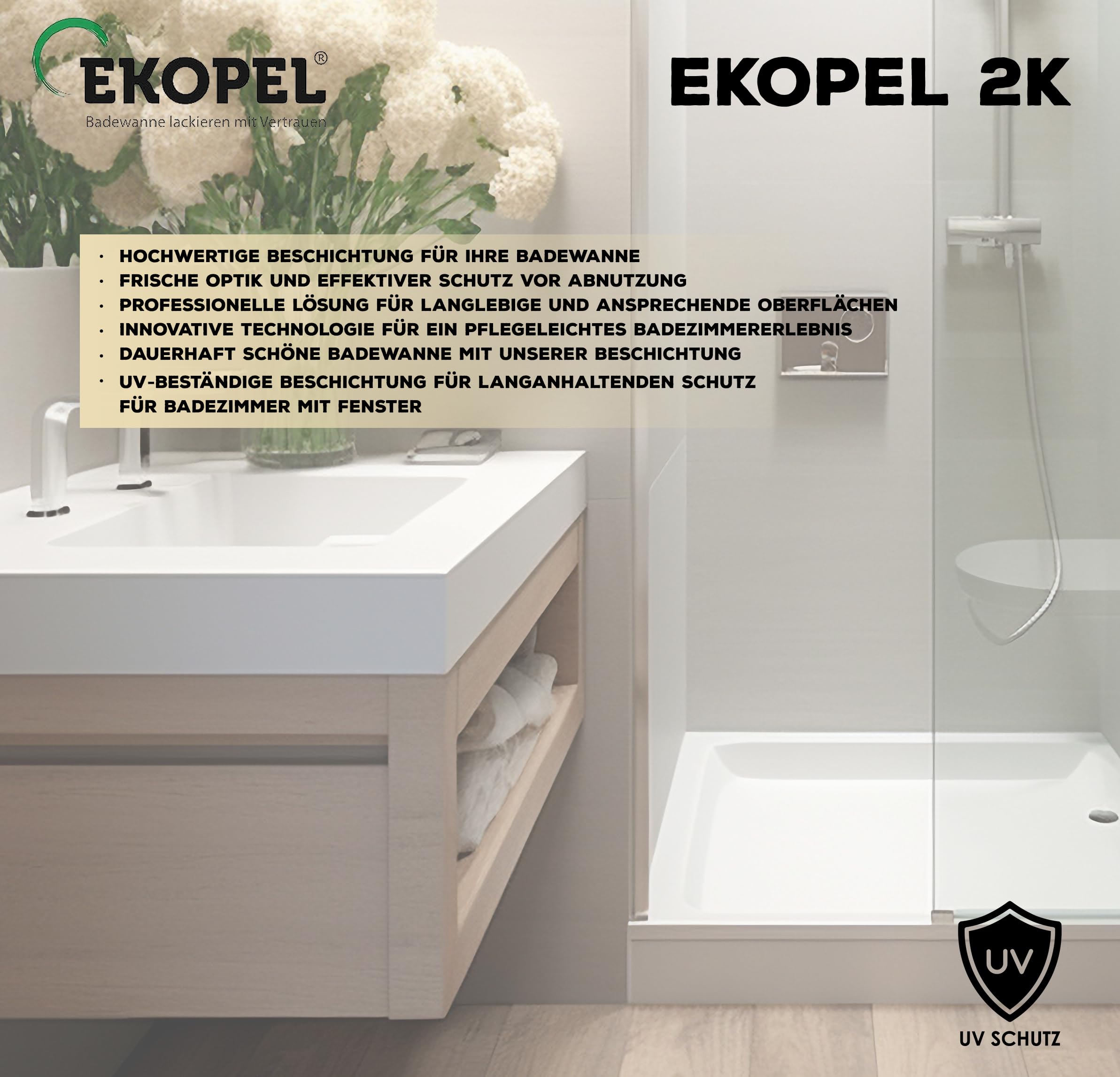EKOPEL Lakier do wanny 2K-GOLD. Bezwonny, gruba, gładka warstwa. 24 szt. Czas utwardzania. (1,7 kg (rozmiar brodzika do 90 cm x 90 cm), biały)