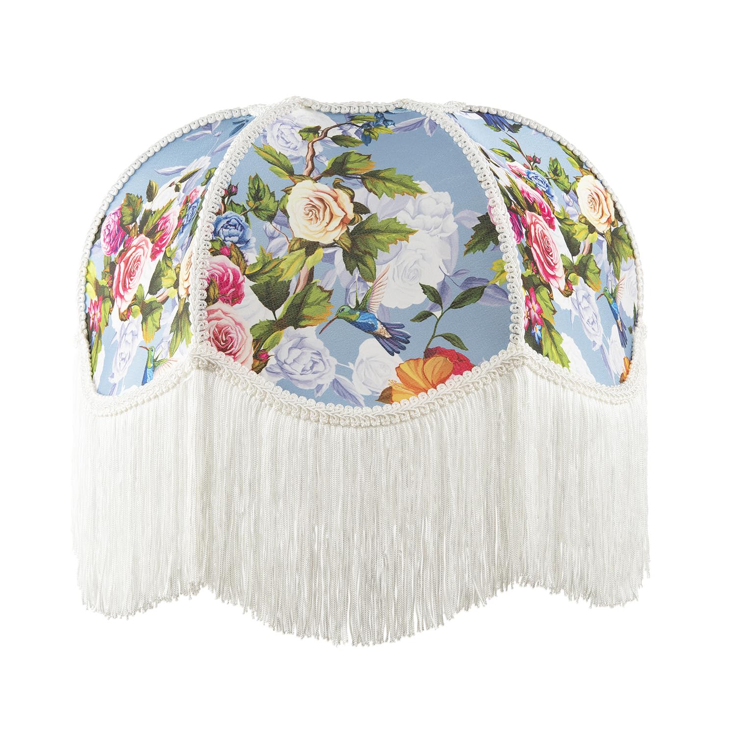 Classic Victorian Empire 36cm Lamp Shade in Sky Blue with Colourful Floral Decor | Floating Hummingbirds and Pink and Lilac Roses by Happy Homewares