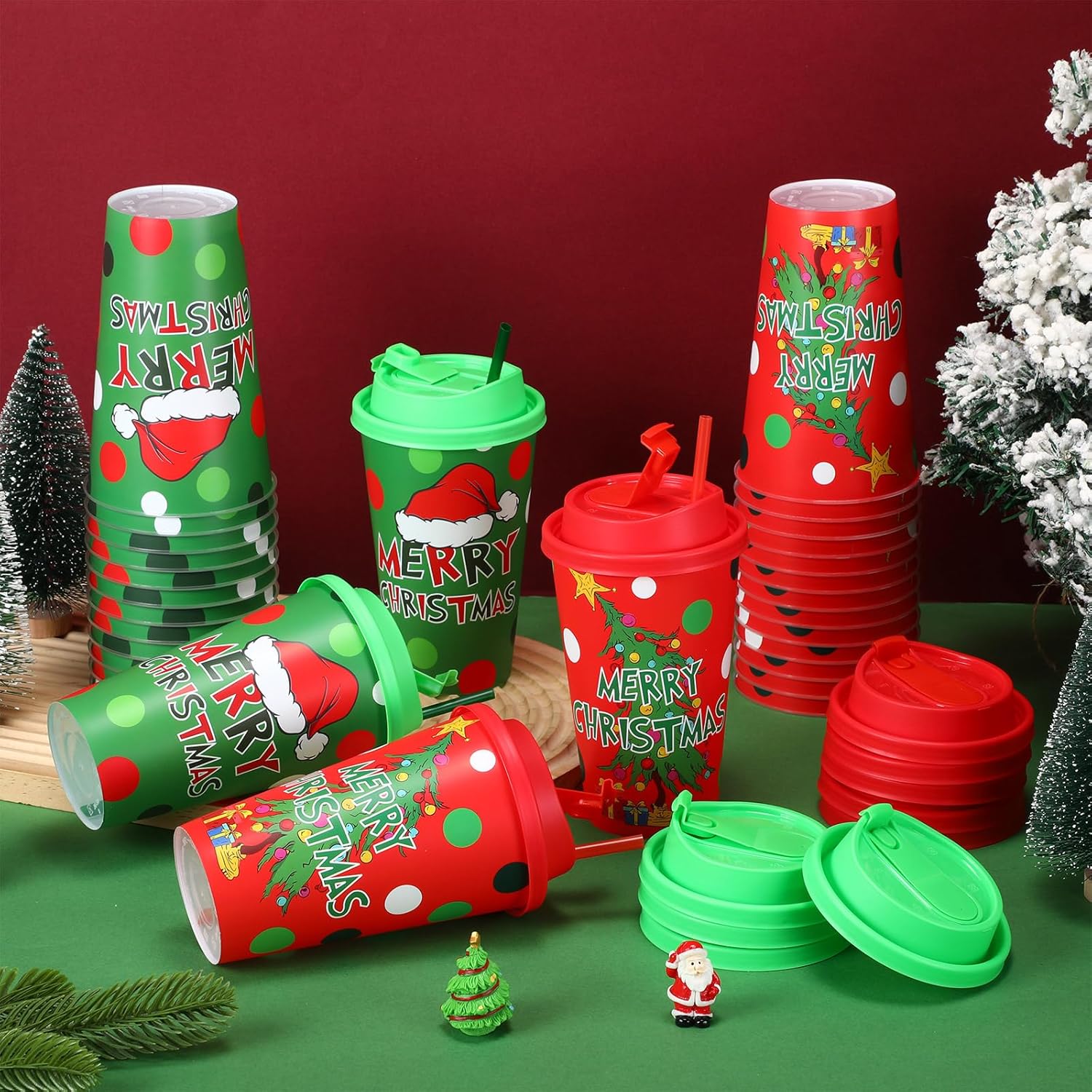 50 Pcs 16 oz Christmas Cups with Lids and Straws, Christmas Party Favors Supplies, Chrismass Tree Santa Hat Plastic Chrismas Party Cups for Xmas Winter Holiday White Elephant Party Decorations - Image 5