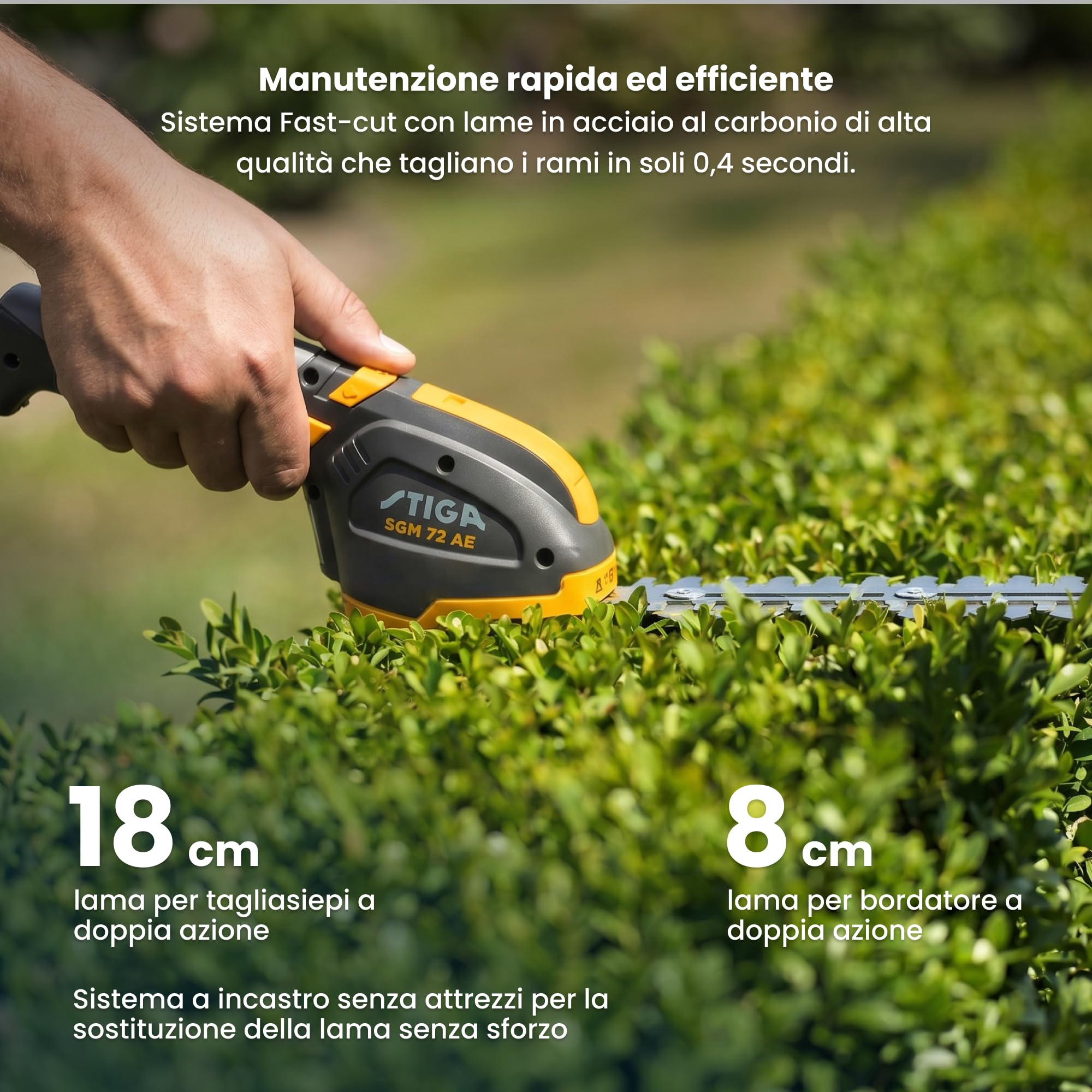 STIGA SGM 72 AE Attrezzo Multifunzione a Batteria, 7,2 V, 2,5 Ah – Lama Tagliaerba 8 cm, Lama Tagliasiepi 18 cm – Manutenzione Giardino
