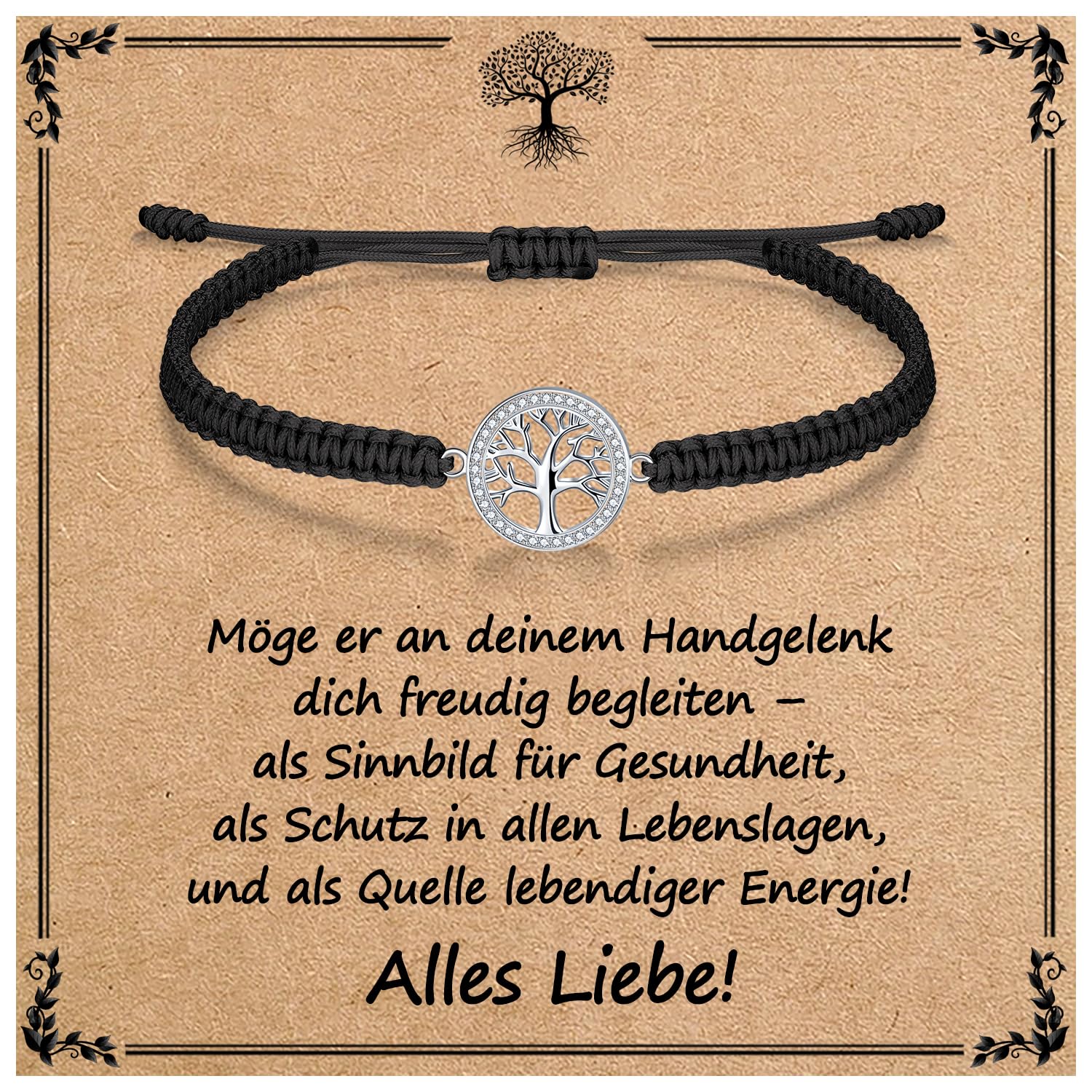 J.Endéar Lebensbaum Armband für Frauen Mädchen Geschenk mit Segenskarte | 925 Sterling Silber, Cubic Zirkonia & Geflochtene Kordel | Geschenk für Geburtstags, Weihnachtstag, Motivations