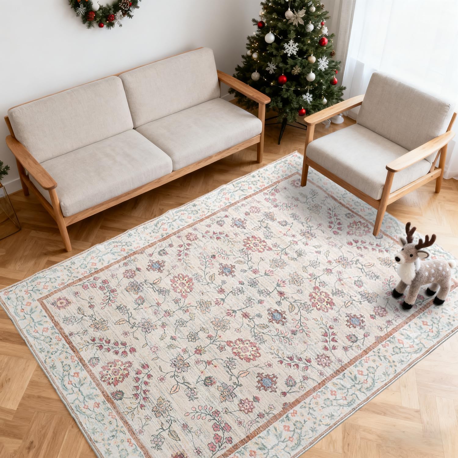 4x6ft Light Beige Tribal Print Area Rug, Vintage Moroccan Boho Floral Style, Ultra Soft & Durable, Non-Slip Backing Eco-Friendly, Perfect for Living Room/Bathroom/Nursery/Patio/Sunroom