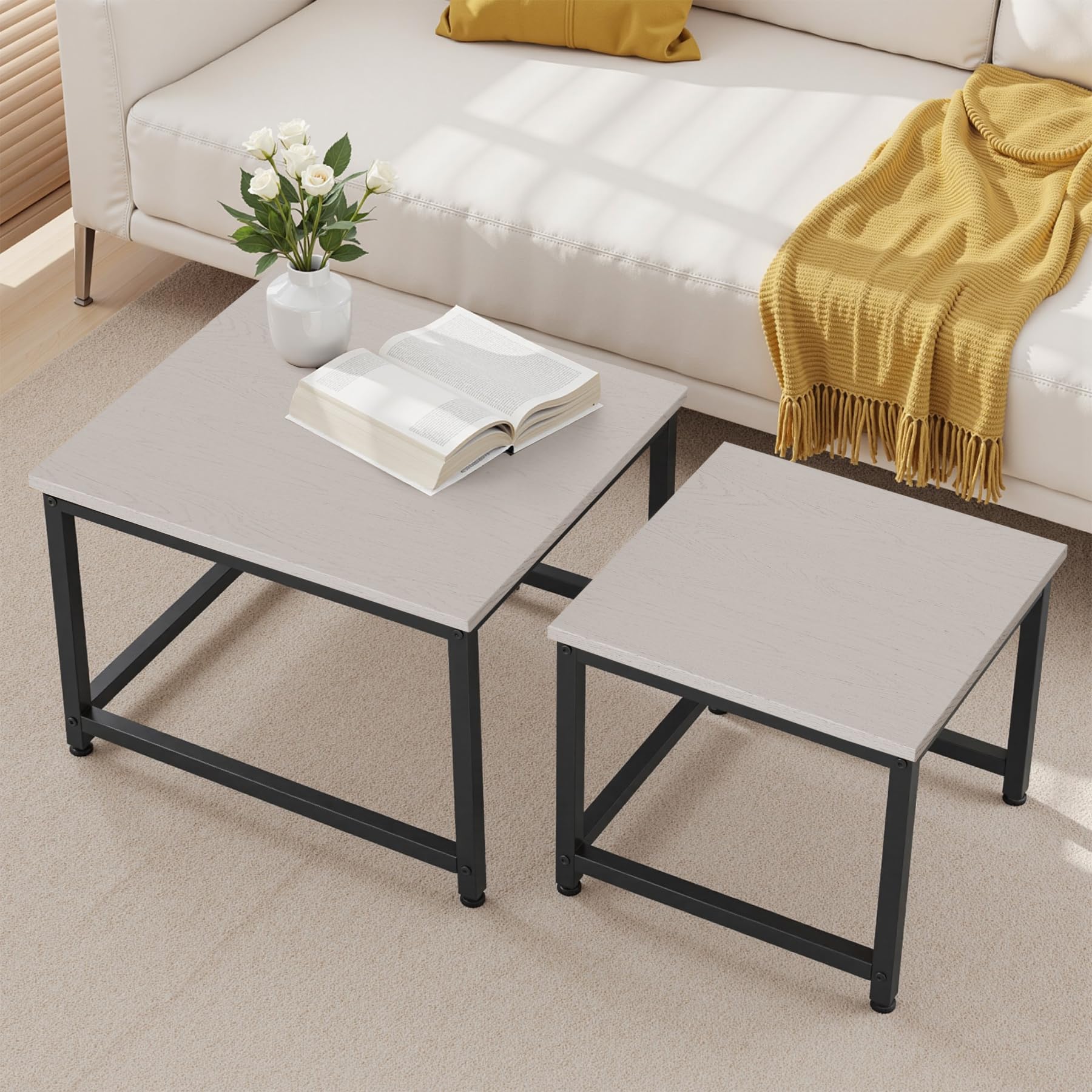 Hawthyhome 2 Stücke Beistelltisch Set rund, Couchtisch aus Holz mit Metallrahmen