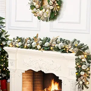 6ft Pre-Lit Christmas Garland, Battery Powered Xmas Garland with Lights, Gold Leaves, Ball Ornaments, Artificial Christmas Decor for Front Door Fireplace Mantle Stairs