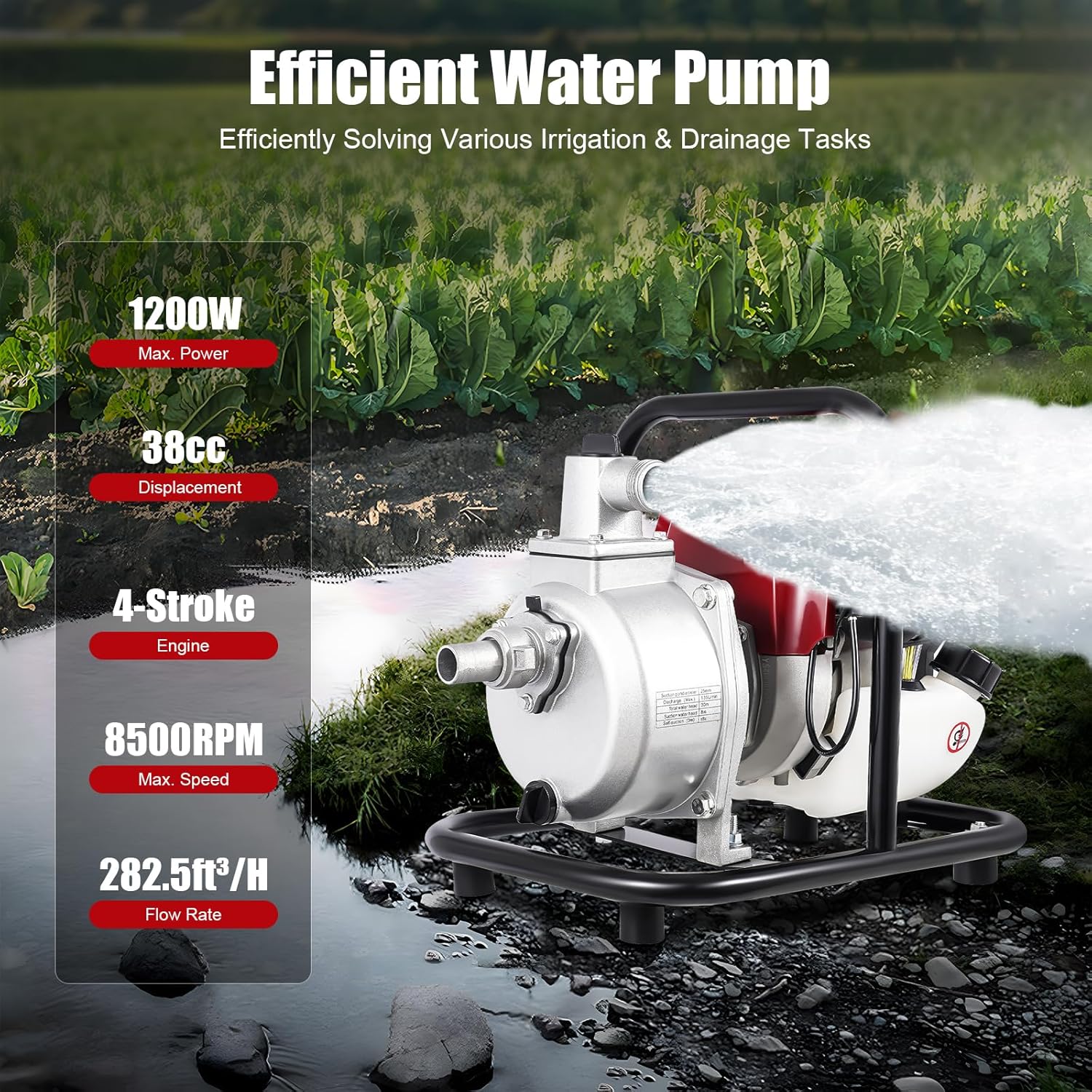4-stroke 38cc 1.6hp Gas Engine Water Pump,Single-Cylinder 1inch Air-Cooled Gasoline Powered Trash Water Pump,Portable High Pressure for Irrigation Pool and Water Transfer,282.5ft³/h