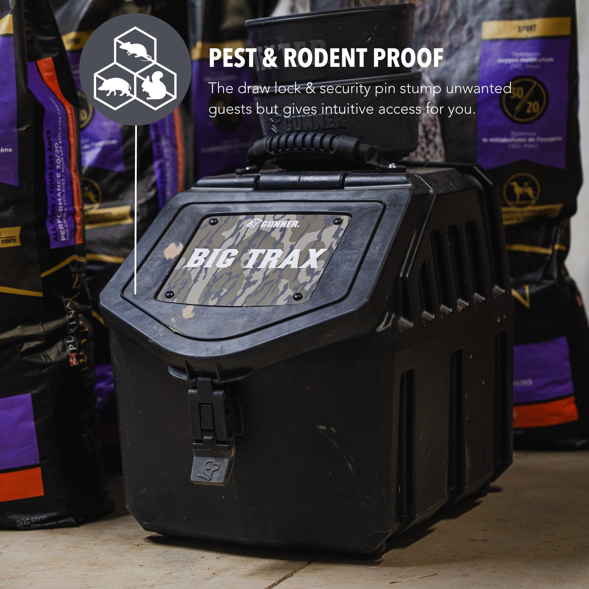 GUNNER Contenedor de almacenamiento de alimentos para perros de 30 libras, impermeable y hermético para mascotas, contenedor multiusos para alimentos secos, maíz, alimentación de pollo, golosinas,