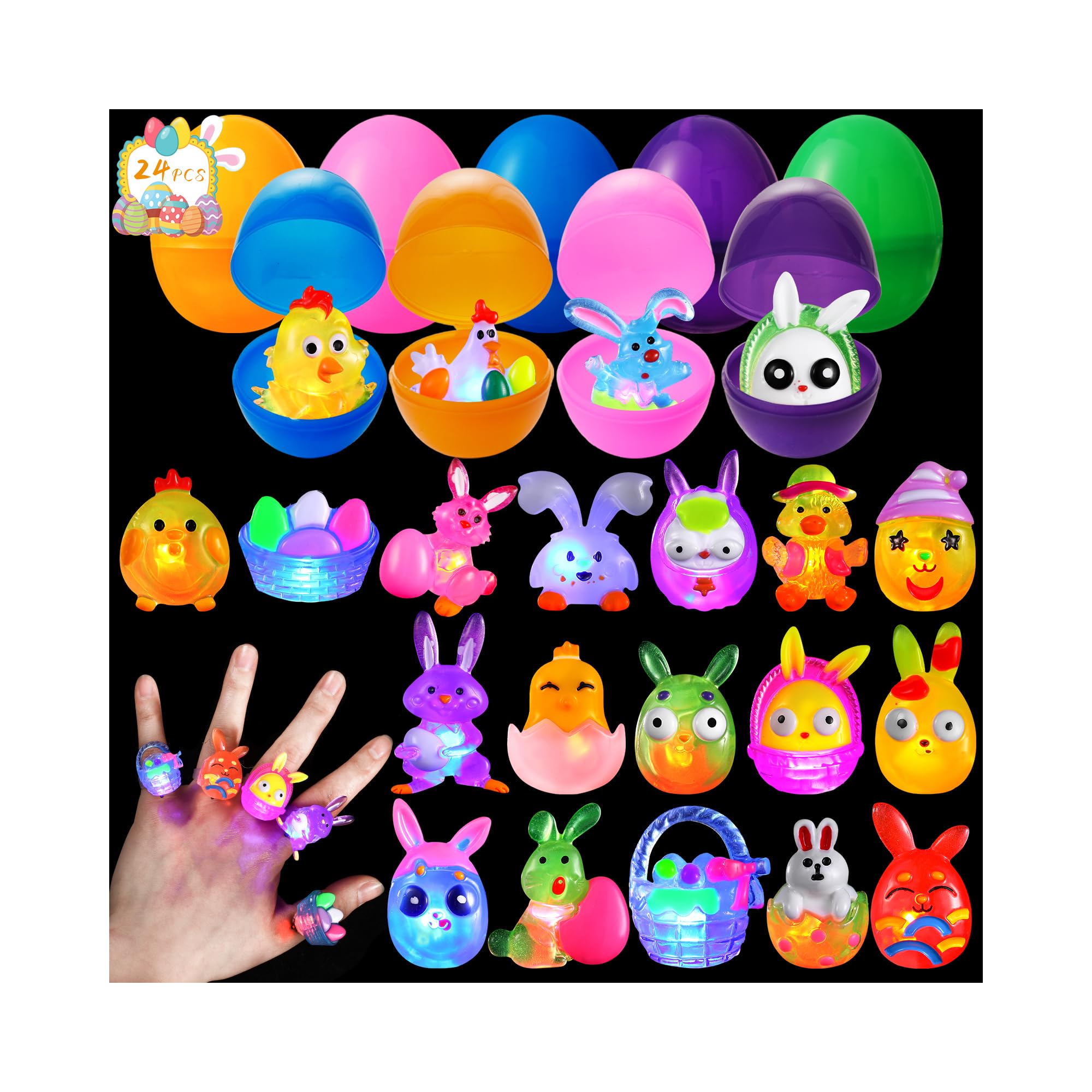 25 Pcs Easter Egg Fillers Light Up Rings, Easter Egg Basket Stuffers for Kids, Easter Party Favors Toys Glow in The Dark Party Supplies Easter Hunt Gift for Boys Girls