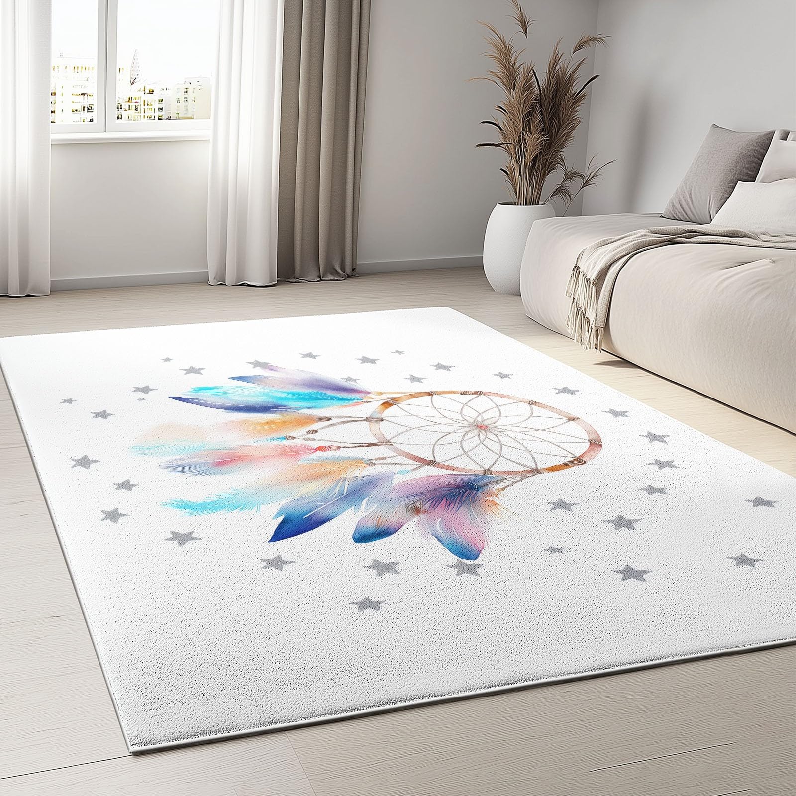 Generisch Aquarell Traumfänger Stern Thema Teppich Kurzflor Wohnzimmer 80 x 150 cm Modern Teppich, Weich rutschfest Waschbare Teppiche, Bettvorleger Schlafzimmer Kinderzimmer
