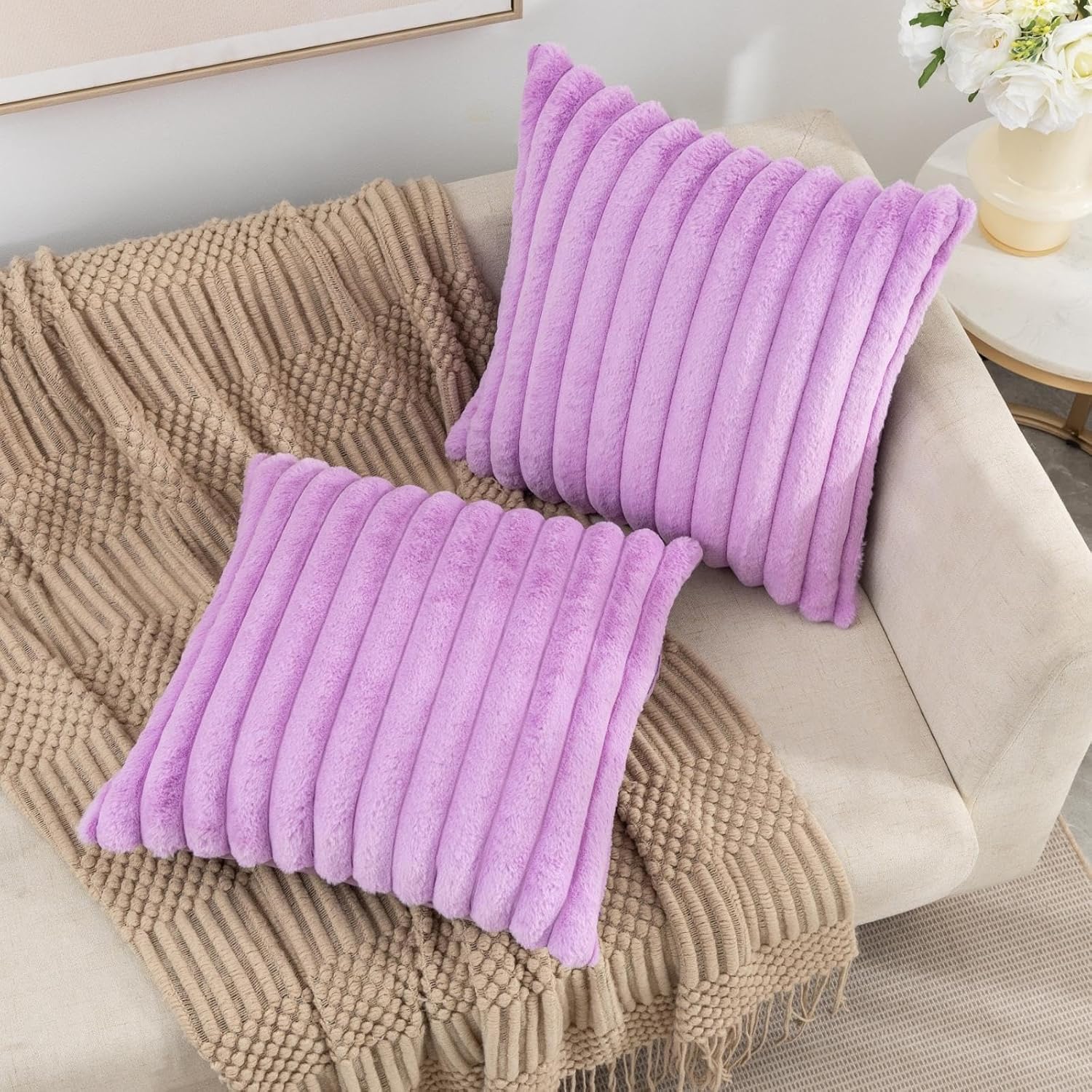 ZLINA Set of 2 Light Purple Faux Fur Decorative Throw Pillow Covers Fluffy Striped Pillowcase Cushion Covers 16 x 16 Inch Decor Sofa Couch Bedroom