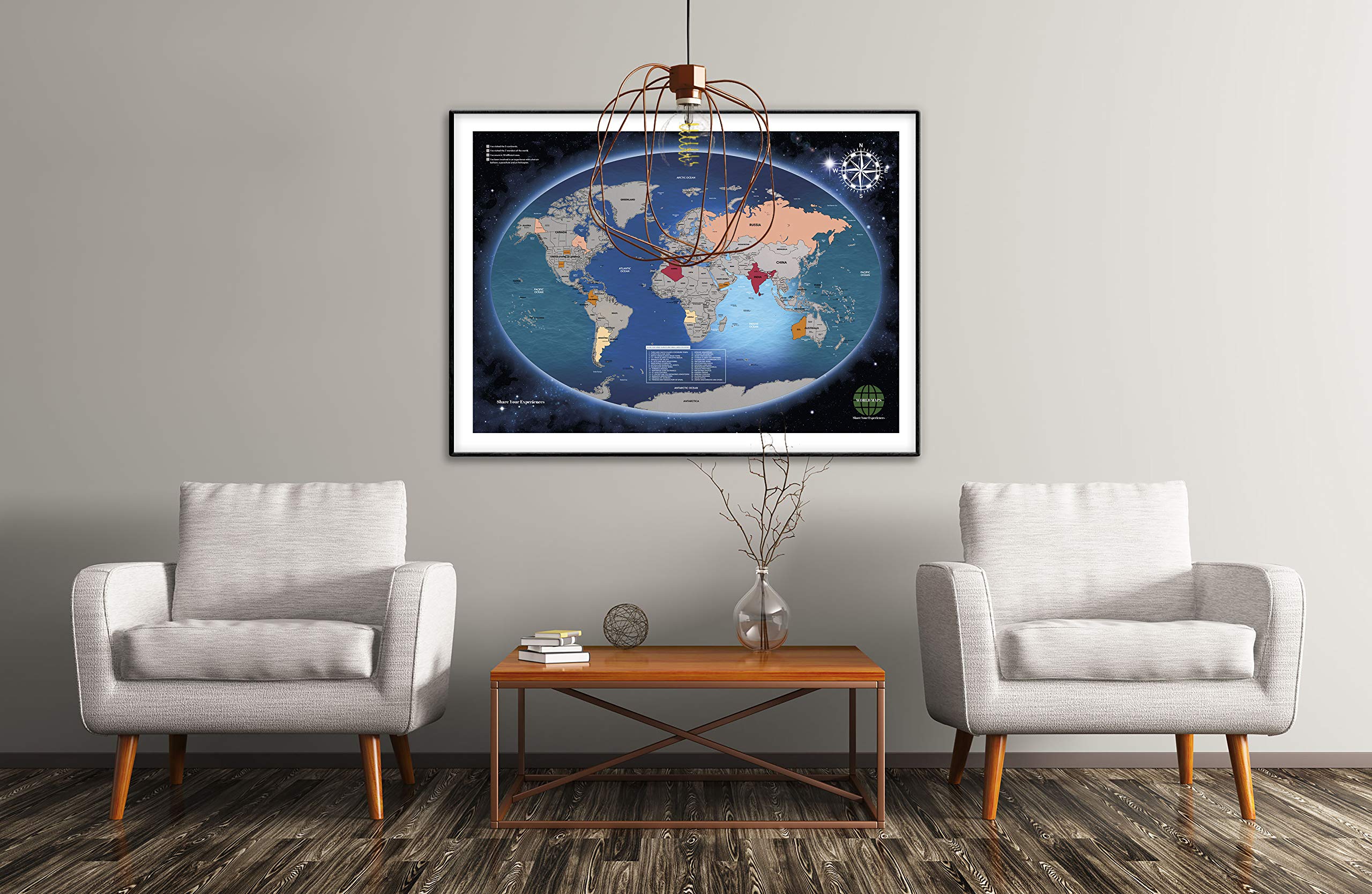 Mapa Mundi Rascar Grande Con Marco Incluido Para La Pared. Producto Español. Diseño Deluxe. Rasca Las Ciudades A Las Que Viajes.