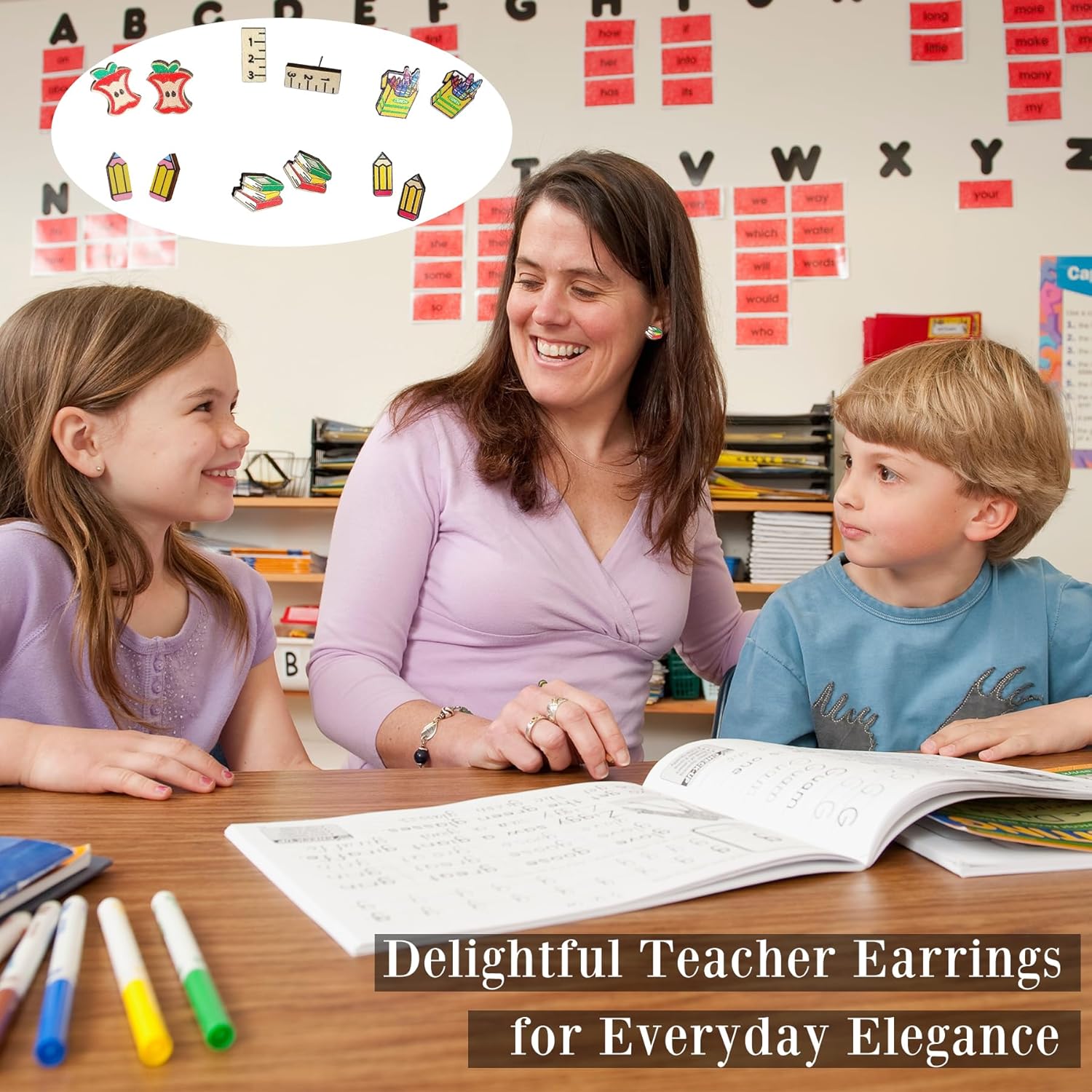 15 Pairs Back to School Earrings for Teachers - Wooden Cute Pencil Crayon Ruler Apple Book Earrings, Bulk Teacher Jewelry for Women, Teacher Appreciation Gift - Image 5