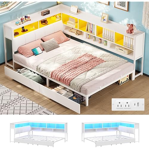 Dnxao Corner Bed Frame Twin Size with Storage, Daybed with Charging Station and LED Lights, Bed Frame can Space-Saving for Kids Teens Bedroom, 2 Underneath Drawers, White