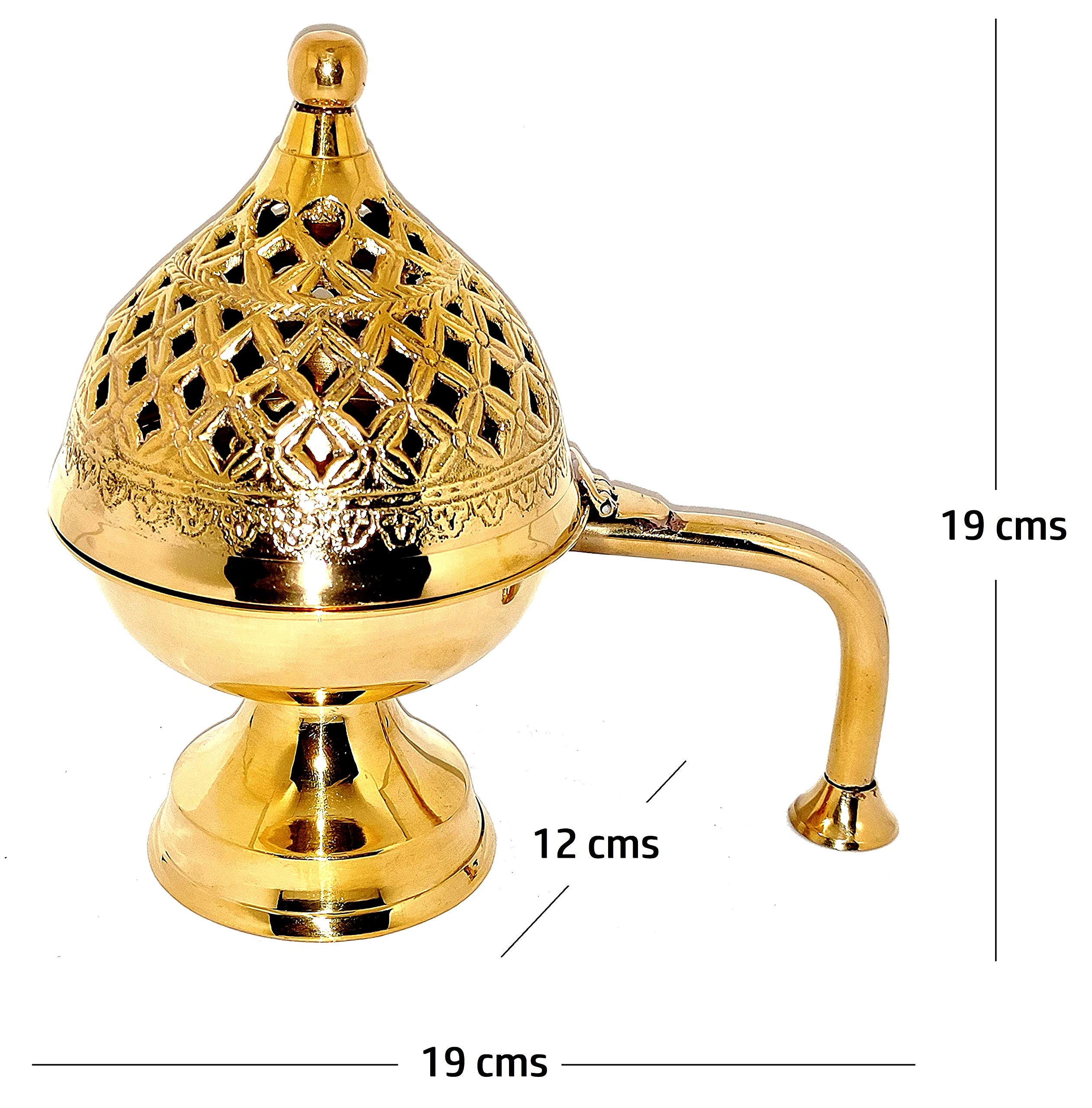 Seducente grande dimensione, Incenso, Dhoop, Bakhoor Dani Diya Holder, Kapoor Difuser, Home Purifying Lobandan Stand - 19x19x12 cm, in ottone puro, finitura dorata