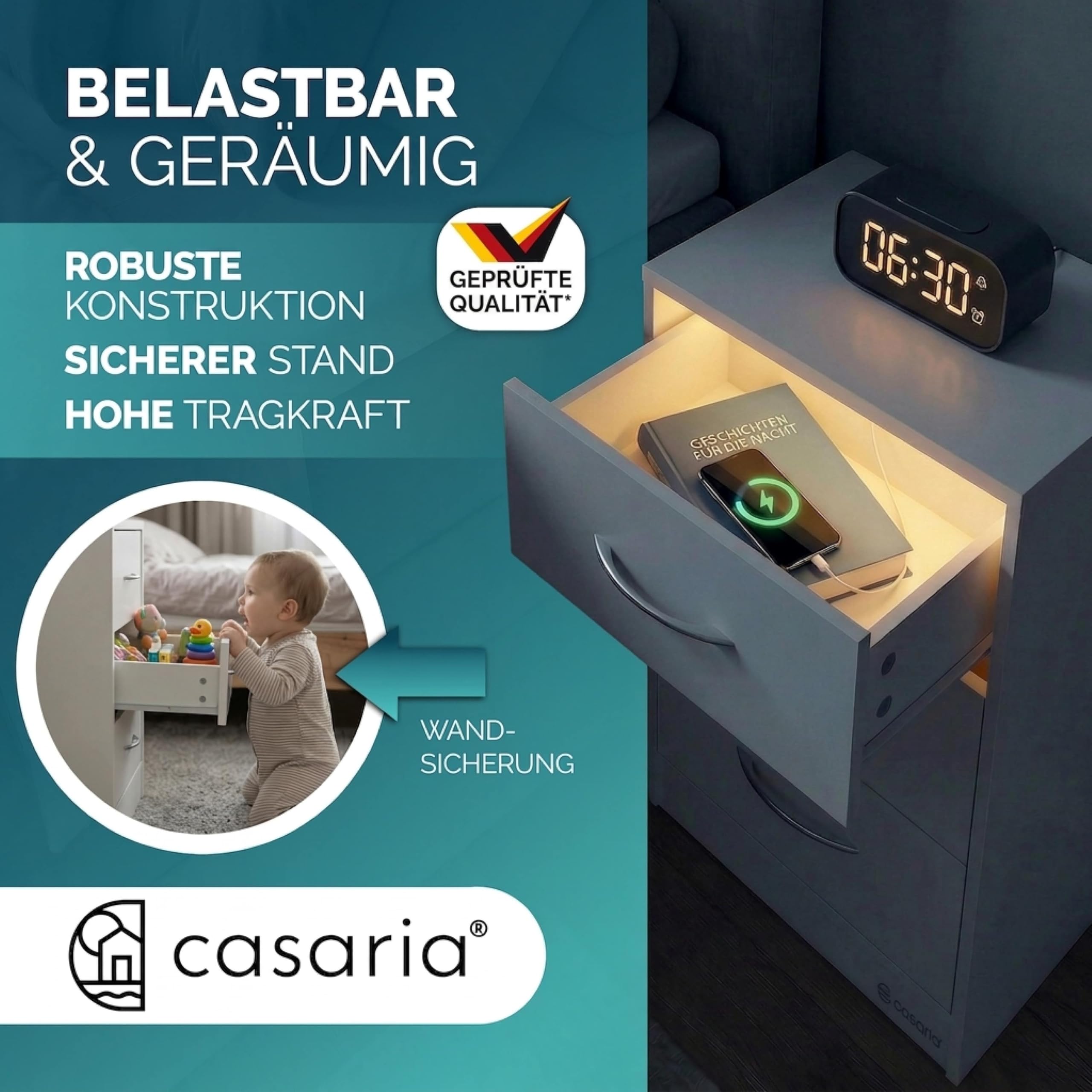 Casaria® Nachttisch Weiß LED 3 Schubladen Kabelführung Wandbefestigung Boxspringbett Schlafzimmer Nachtschrank Nachtkonsole Nachtkommode Holz 54x39x28cm