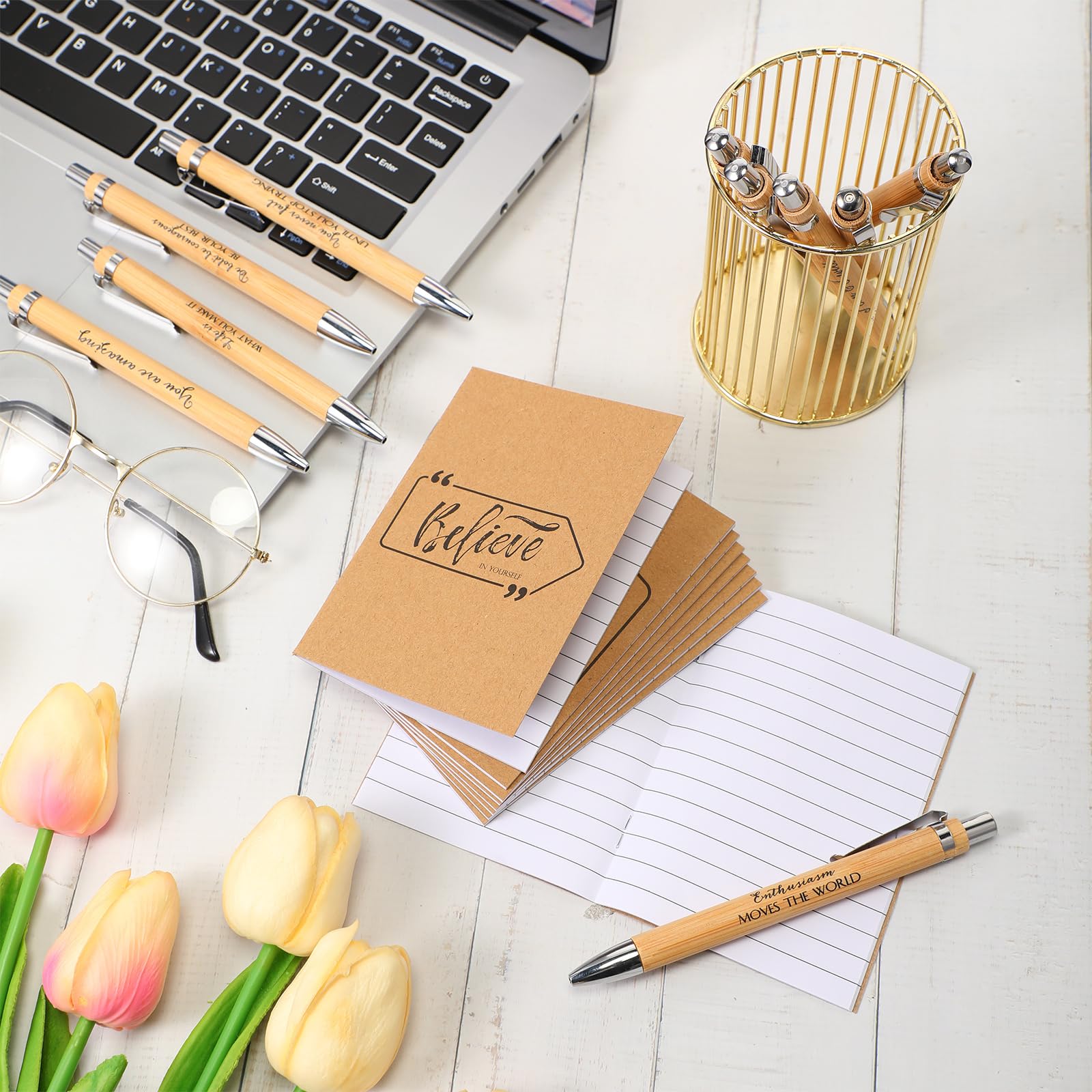 Fulmoon Motivierendes Tagebuch, Bambusstift, inspirierendes Geschenk-Set, Mini-Notizbücher, Kugelschreiber, lustiger Notizblock, Großpackung für Studenten, Kollegen, Mitarbeiter, Schule, Bürobedarf,