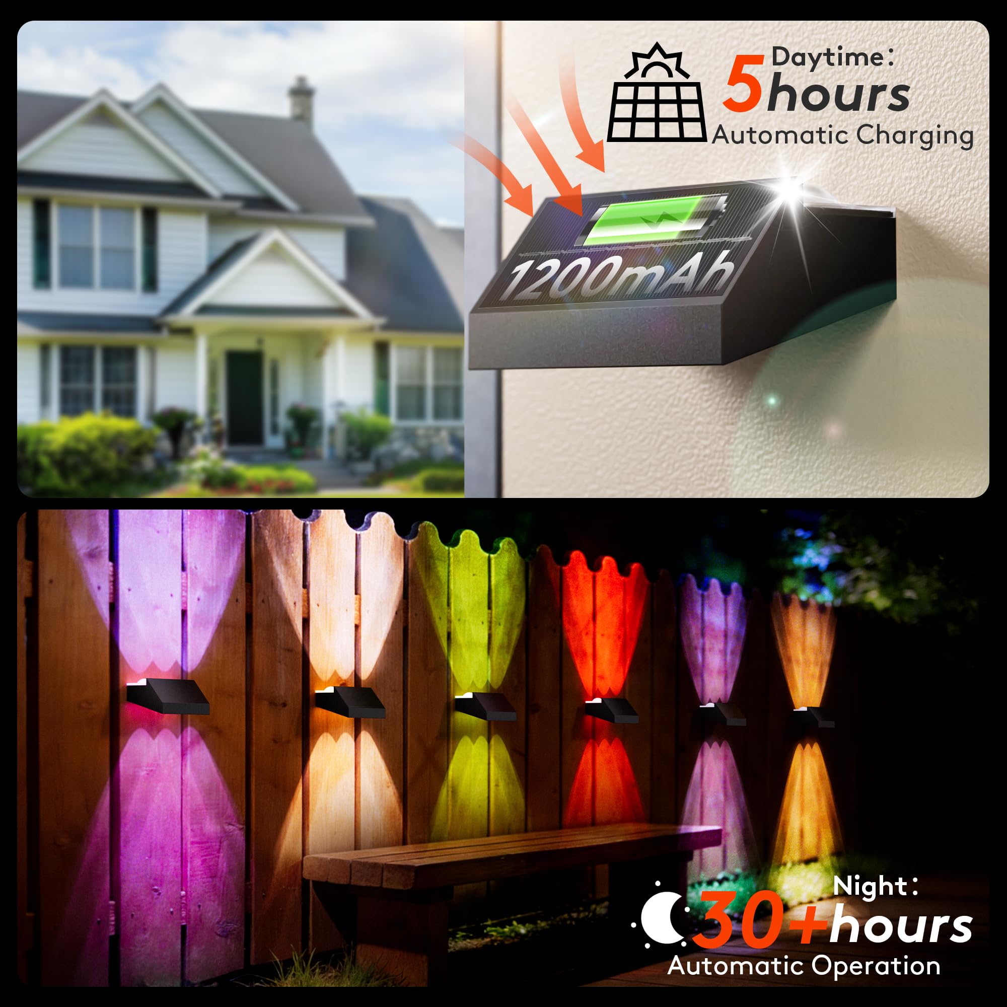 Quntis Solar Wandleuchte Außen 8er Set Up & Down 12 Lichtmodi Warmweiß RGB | 6 LEDs Solarleuchten IP44 Wasserdicht Solar Zaunbeleuchtung Solarlampen für Garten Balkon Terrasse Zaun Hof Mauer Treppe