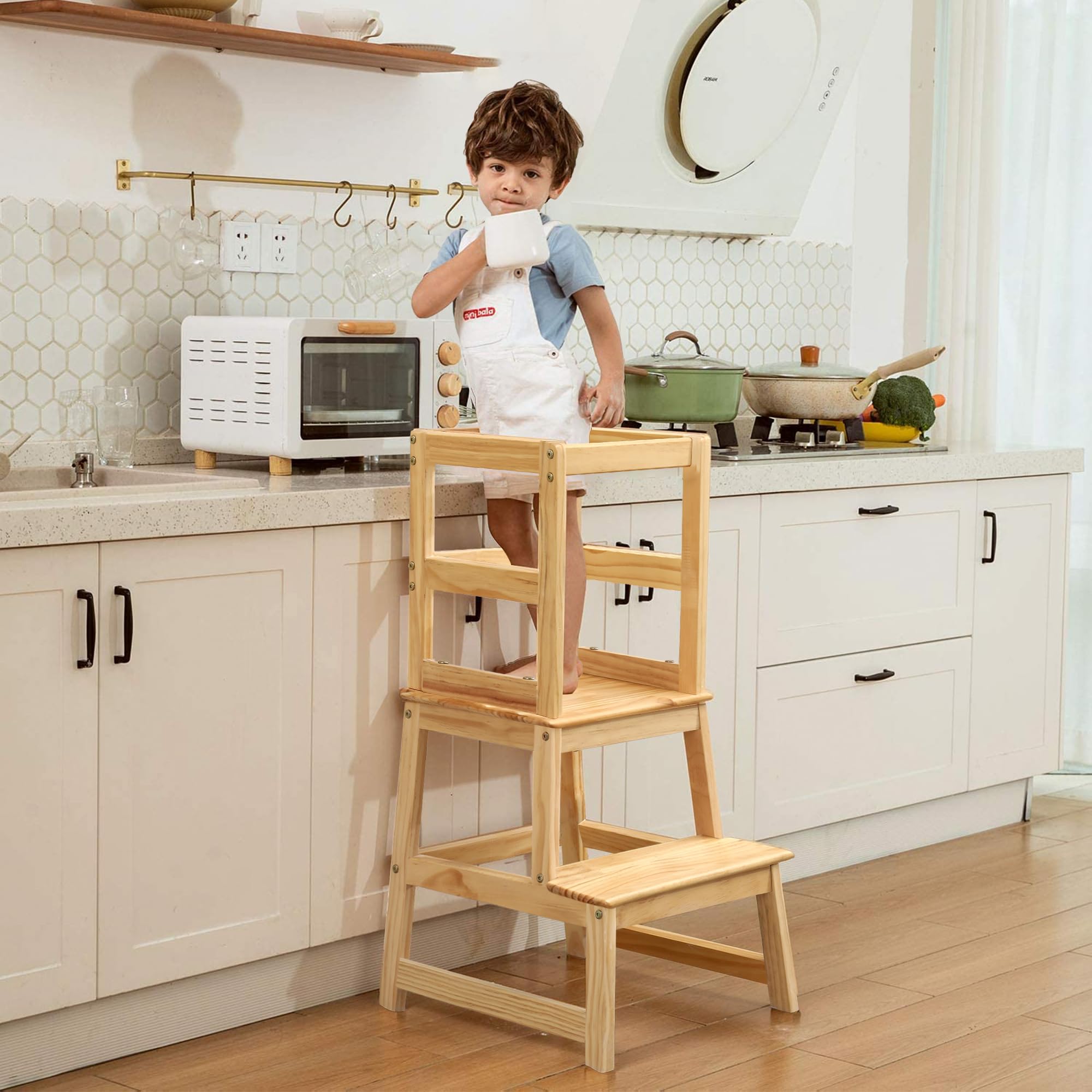 hoopyosms Toddler Standing Tower Kids Kitchen Step Stool for Learning with Removable Safety Railing, Wood