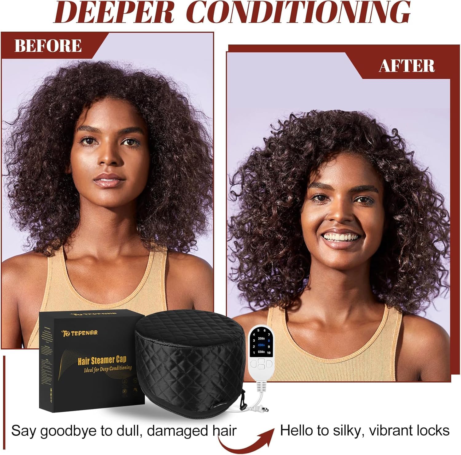 TEPENAR Bonnet vapeur professionnel avec 10 niveaux de chauffage et 3 minuteries - Capuchon chauffant électrique pour soins intensifs des cheveux naturels et afro - Hotte chaude portable pour la
