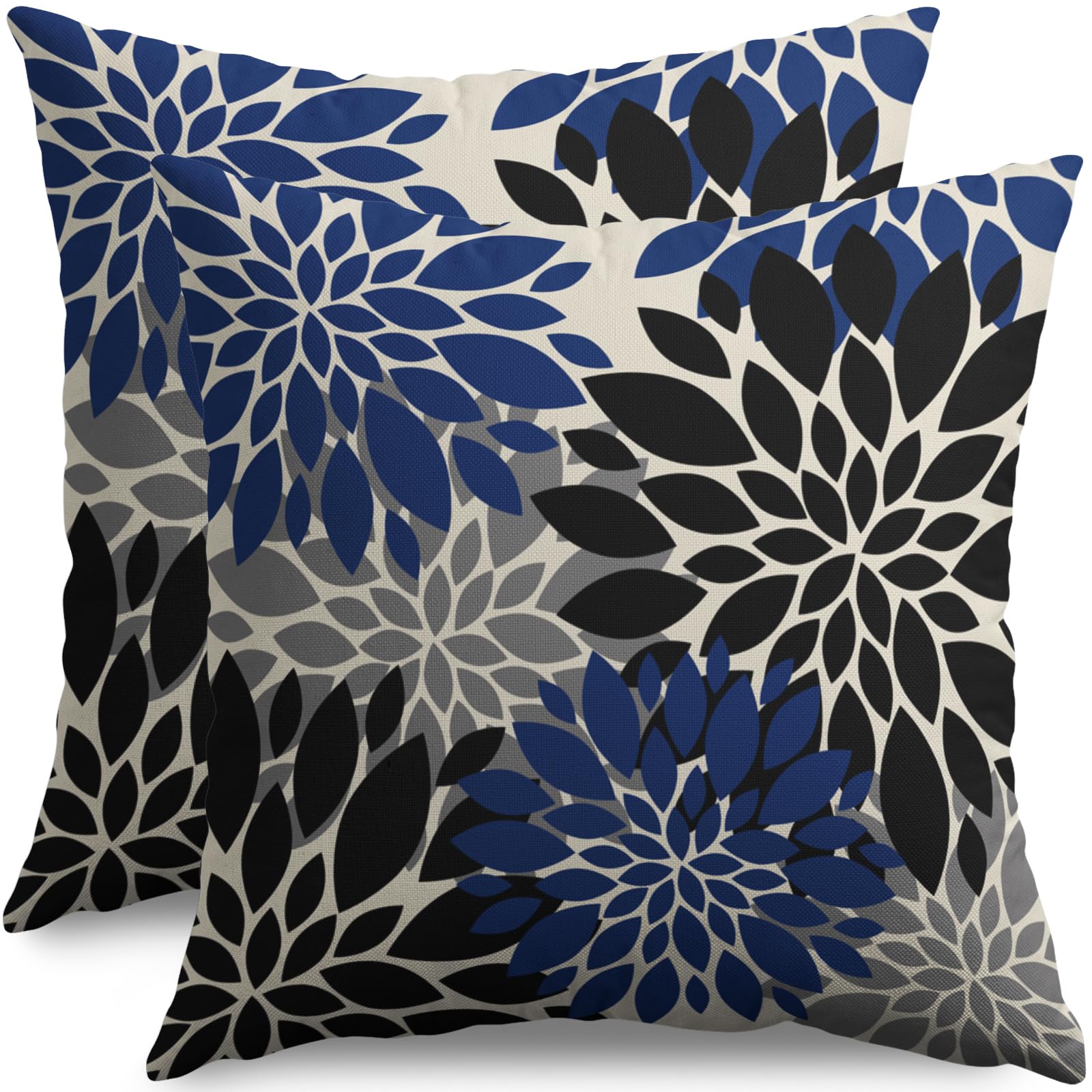 Black Navy Blue Pillow Covers 20X20 Inch Set of 2, Spring Summer Floral Dahlia Flower Cream Decorative Throw Pillow Covers Outdoor Modern Farmhouse