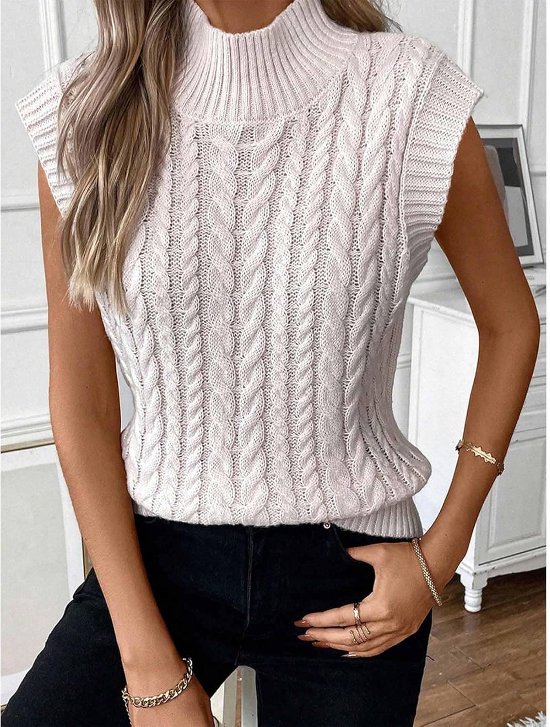 SEMATOMALA Women's Cable Knit Cap Sleeve Sweater Twist Knit Mock Neck Summer Sweater Vest Tank Top - Image 5
