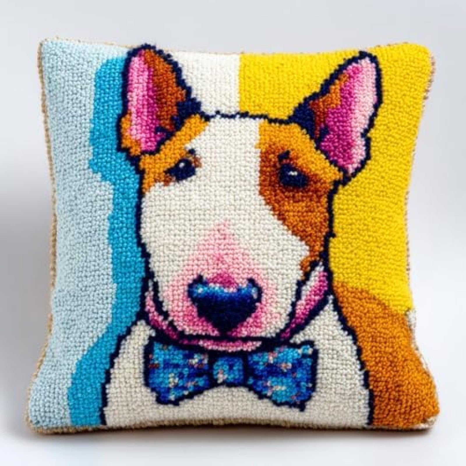 kitphoenix Beginner Latch Hook Cushion Cover Craft Kit,Bull Terrier Dog Bow Tie,DIY Pillow Cover Making Set with Pre-Cut Yarn and Hook,43x43 cm