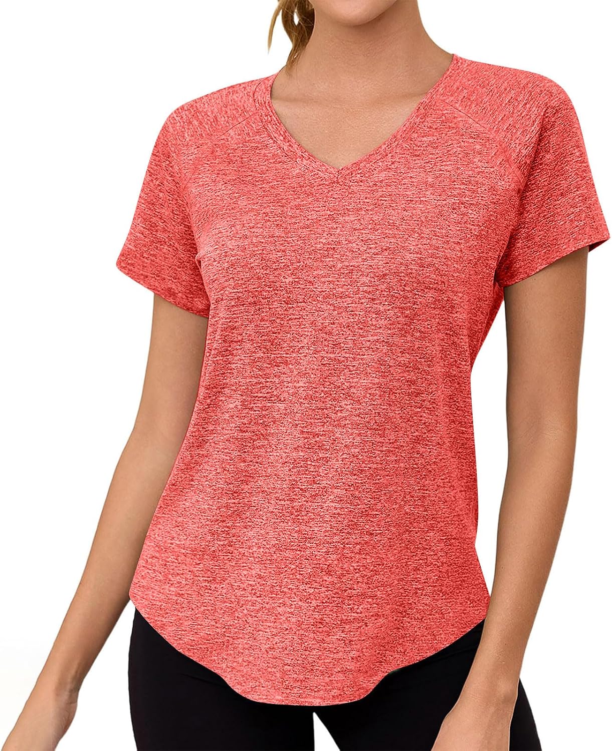 Womens Quick-Dry Top - V-Neck Raglan Short Sleeve Shirt with Curved Hem, Breathable Loose Athletic Tee for Running