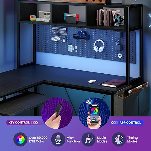 Miniatura 6 de DUMOS Escritorio para juegos en forma de L de 67 pulgadas, escritorio reversible para computadora con luces LED, mesa esquinera con bandeja para