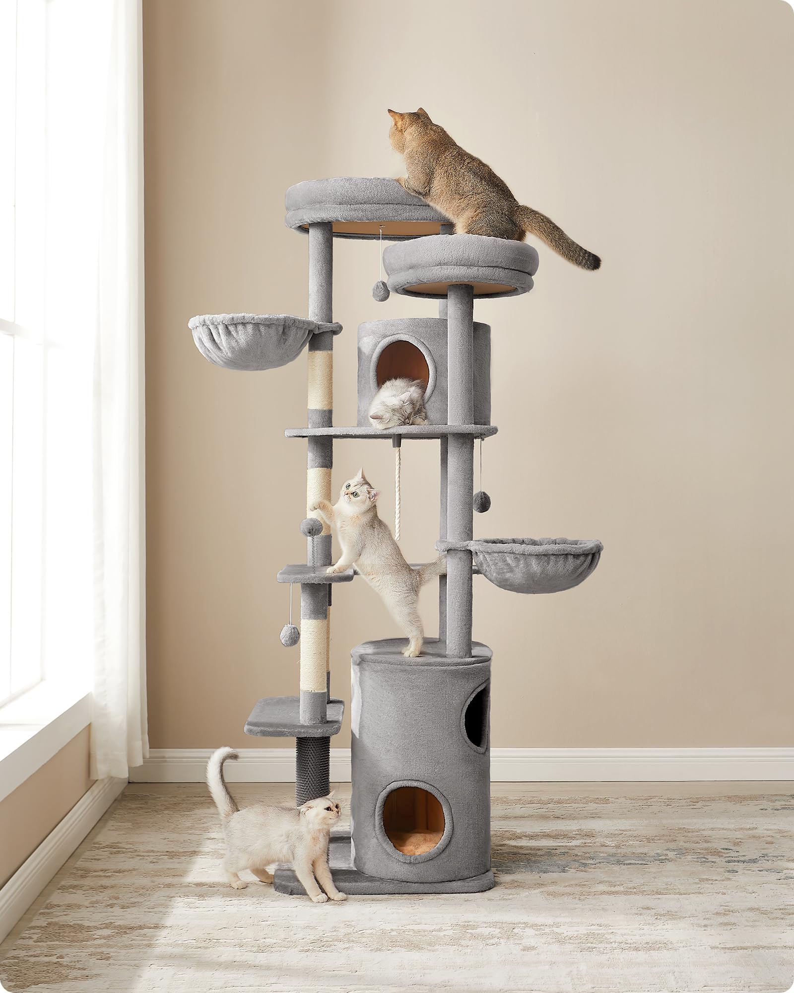 Feandrea Árbol rascador para Gatos de 196 cm, Forma de Torre, para Interiores, multinivel, 2 Plataformas, 3 Cuevas, 2 hamacas, 4 Pompones, Tejido de Felpa, Gris Claro PCT153W01