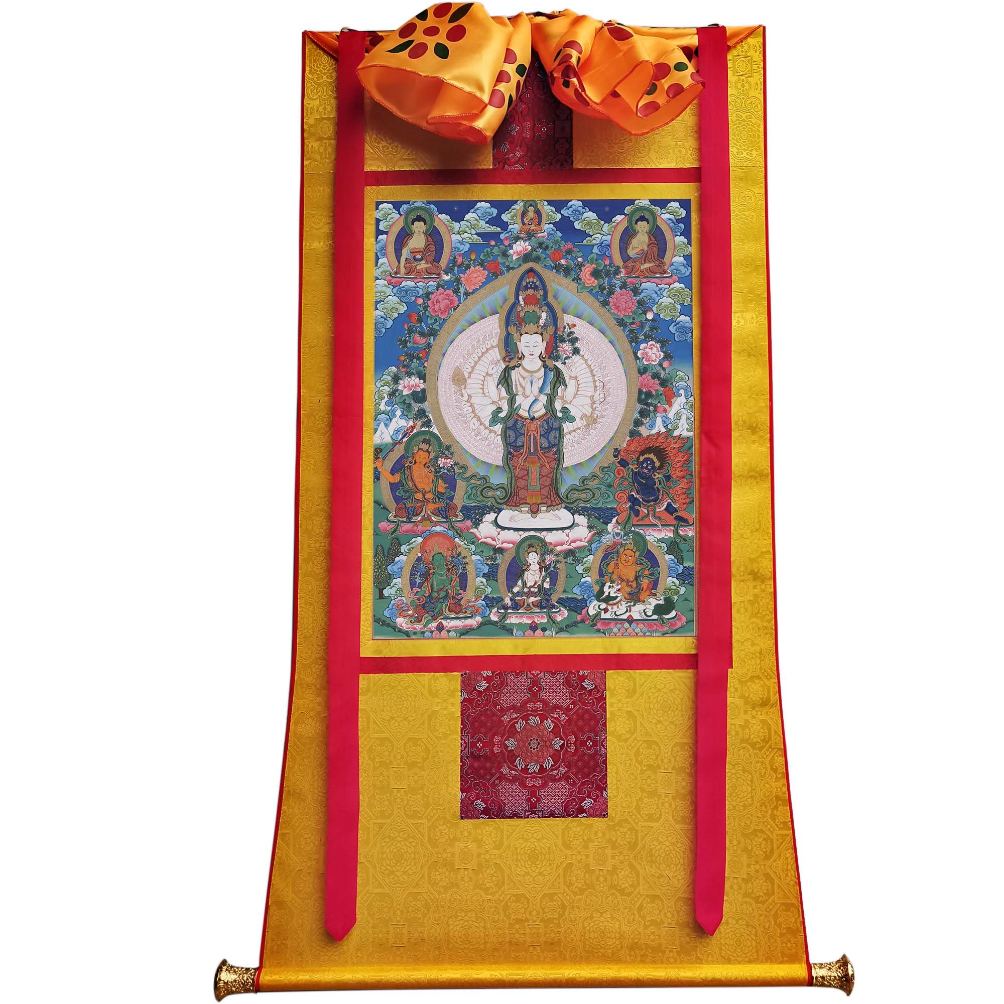 Gandhanra Tibetische Thangka-Kunst–Avalokiteshvara mit 1000 Armen Thangka–Hochauflösender Digital-Giclée-Druck und doppelt handgerahmt - Buddhistische Wandbehang-Tapisserie - 47" x 32"
