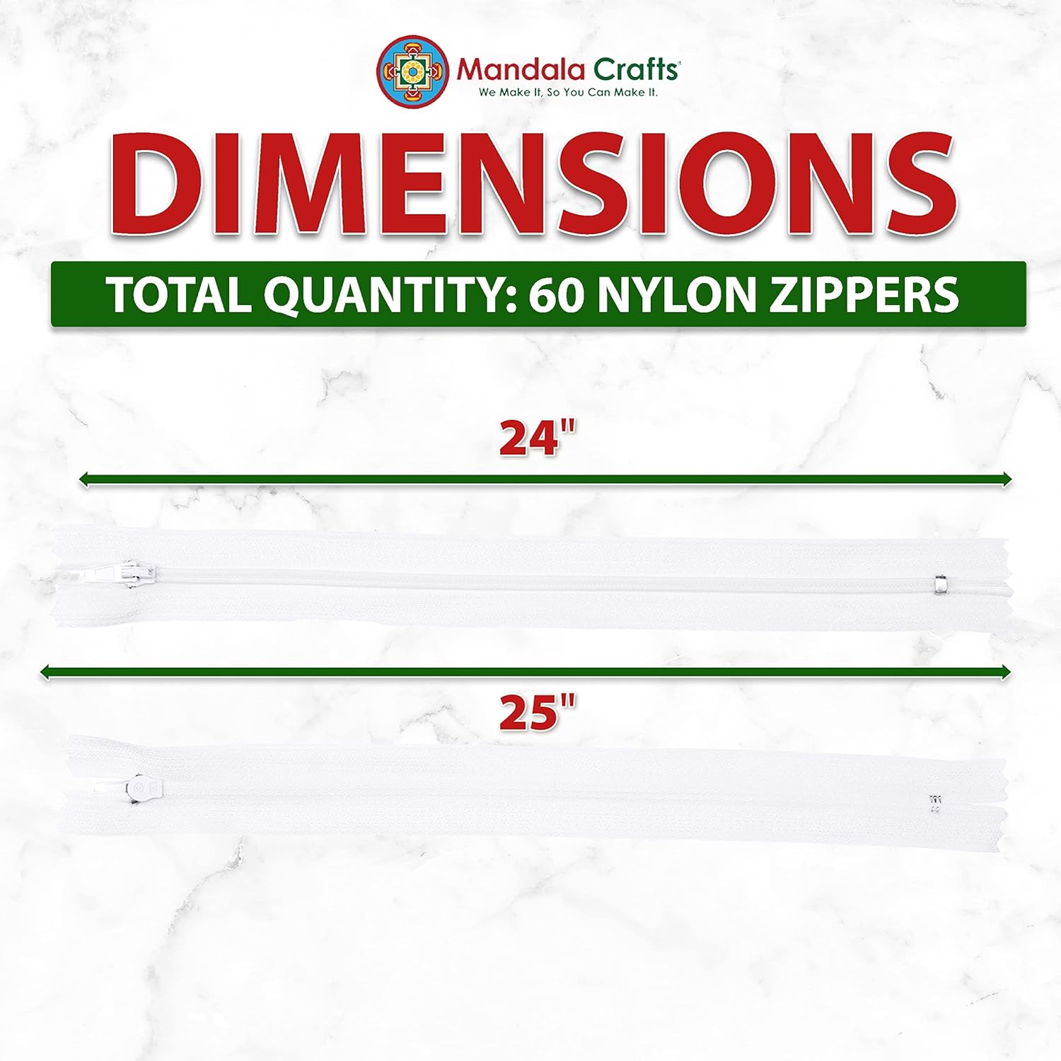 Mandala Crafts 60 PCs White Nylon Zippers for Sewing 24 Inch - Zippers Replacement Sewing Supplies in Bulk for Tailor, Clothing Repair, and DIY Projects