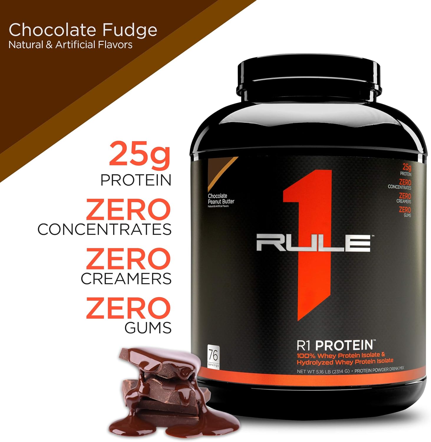 Rule One Proteins, R1 Protein - Chocolate Fudge, 25g Fast-Acting, Super-Pure 100% Isolate and Hydrolysate Protein Powder with 6g BCAAs for Muscle Growth and Recovery, 5 Pounds, 76 Servings : Health & Household
