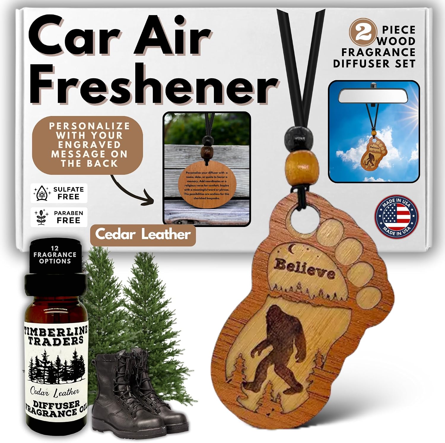 Personalized Car Air Freshener, Wood Diffuser and Fragrance Oil Set, Custom Message, Rearview Mirror Charm, Bigfoot Believe, Sasquatch, Auto Accessory for Men or Women (Cedar Leather)